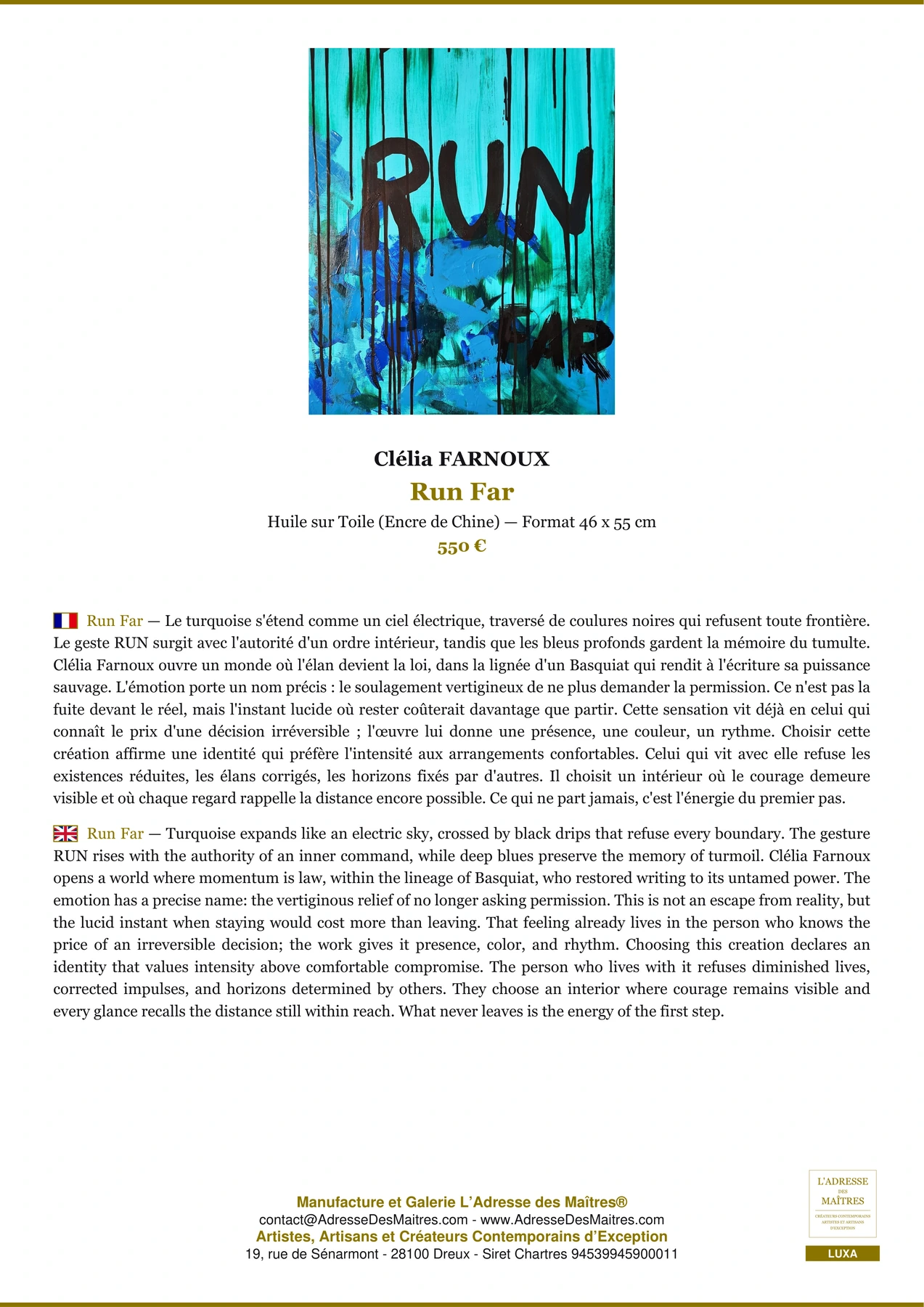 Fiche Premium - Run Far - Clélia FARNOUX - L'Adresse des Maîtres®