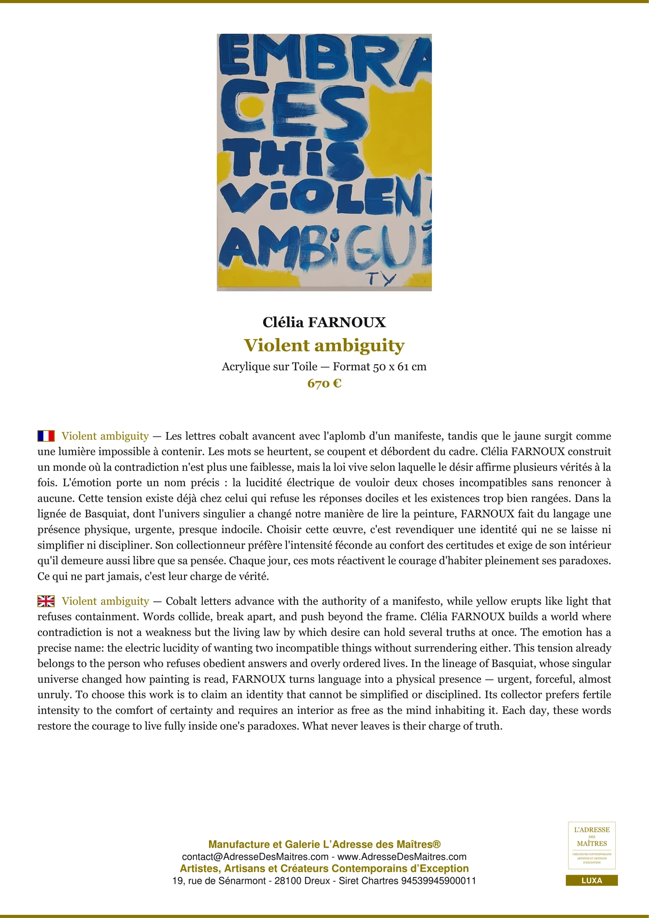 Fiche Premium - Violent ambiguity - Clélia FARNOUX - L'Adresse des Maîtres®