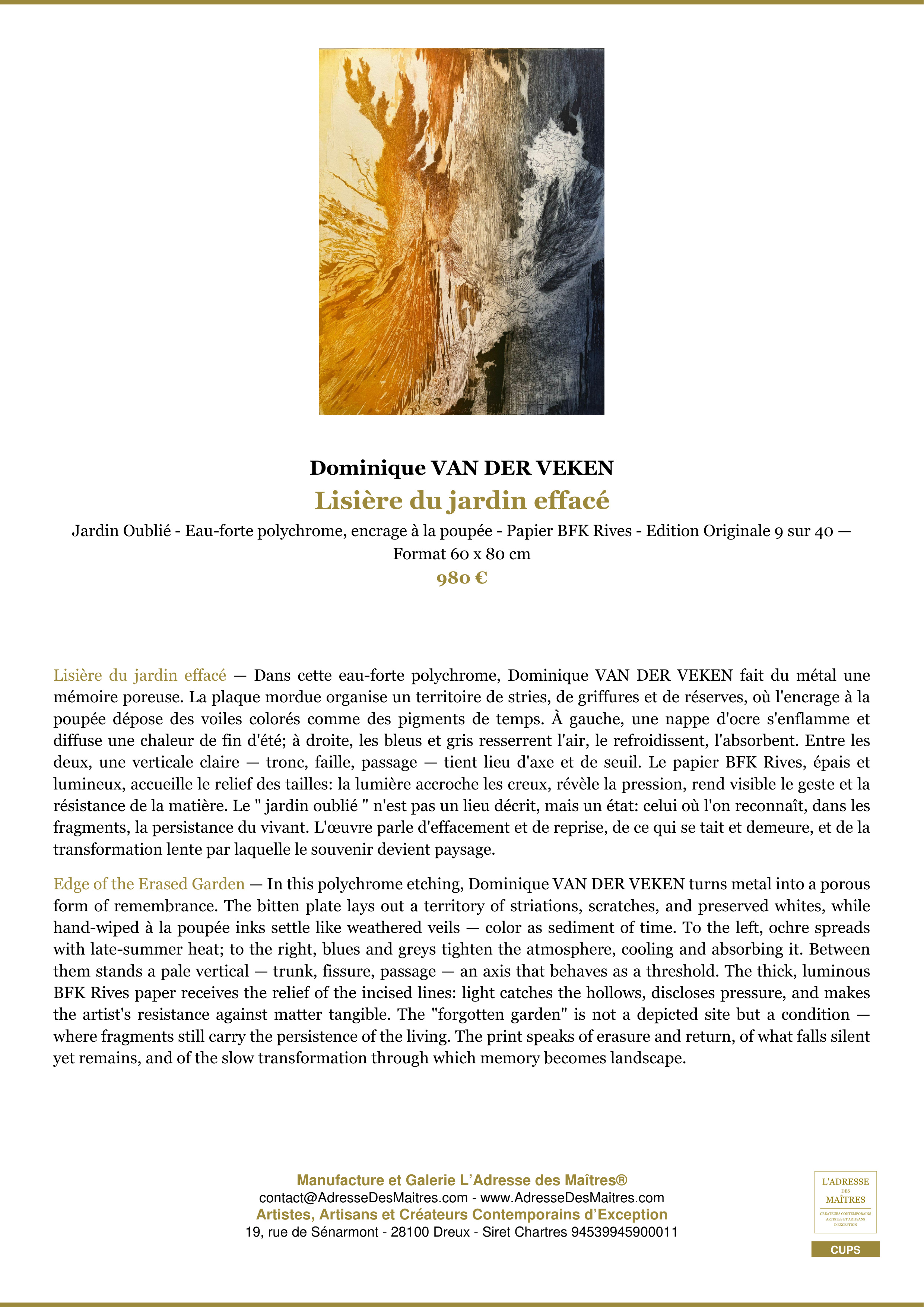 Fiche Premium — Lisière du jardin effacé — Dominique VAN DER VEKEN — L'Adresse des Maîtres®