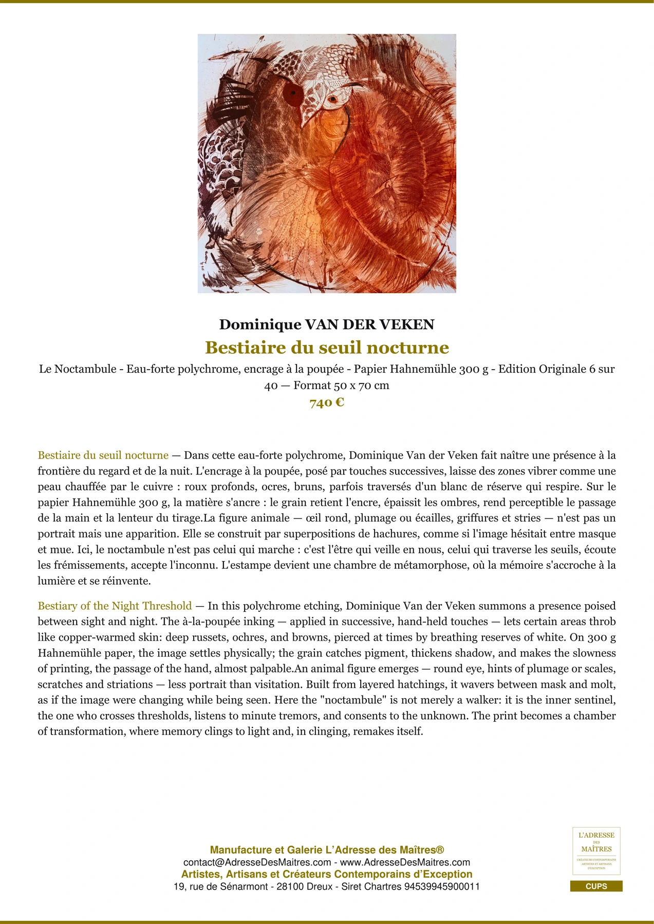 Fiche Premium - Bestiaire du seuil nocturne - Dominique VAN DER VEKEN - L'Adresse des Maîtres®