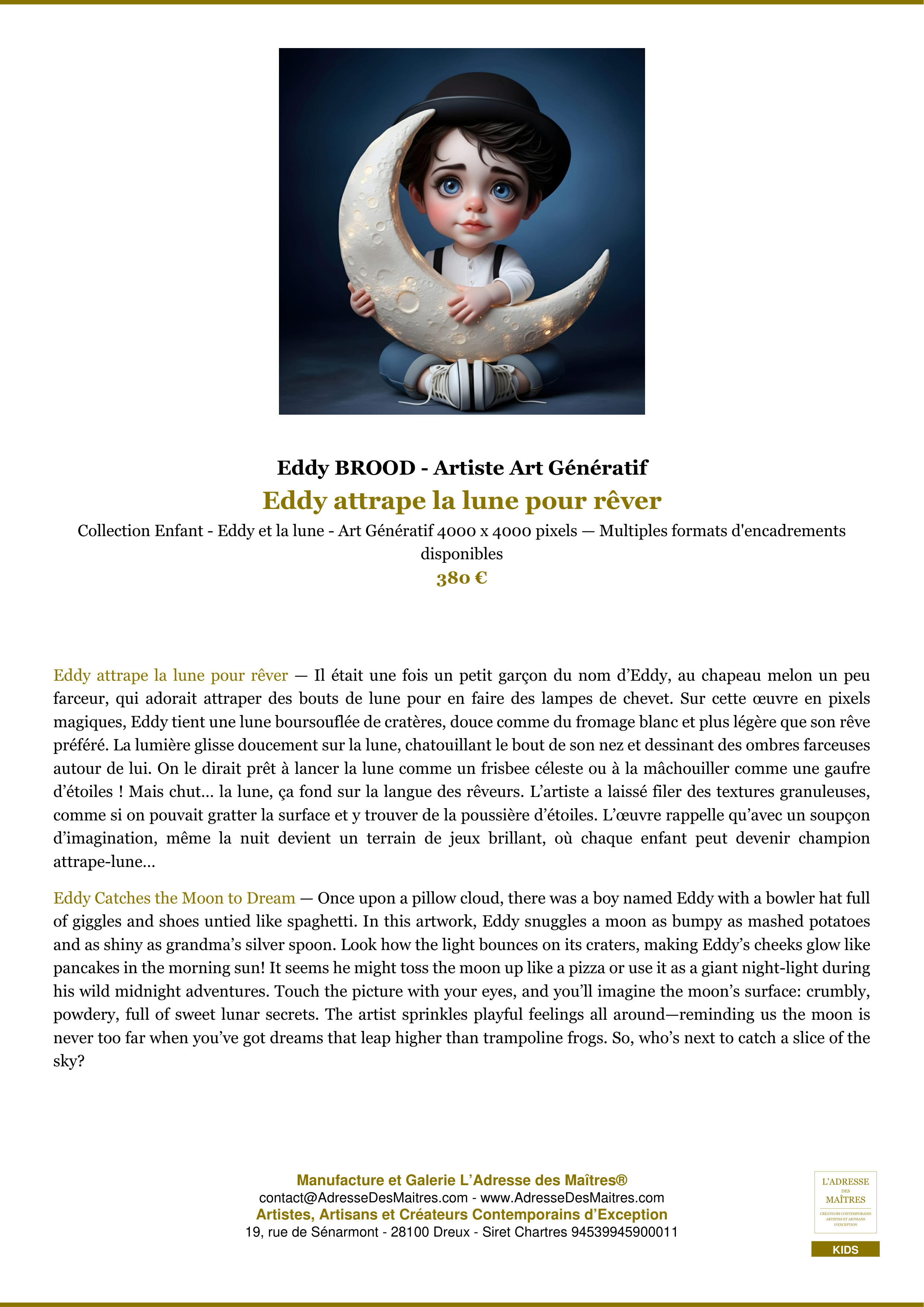 Fiche Premium — Eddy attrape la lune pour rêver — Eddy BROOD - Artiste Art Génératif — L'Adresse des Maîtres®