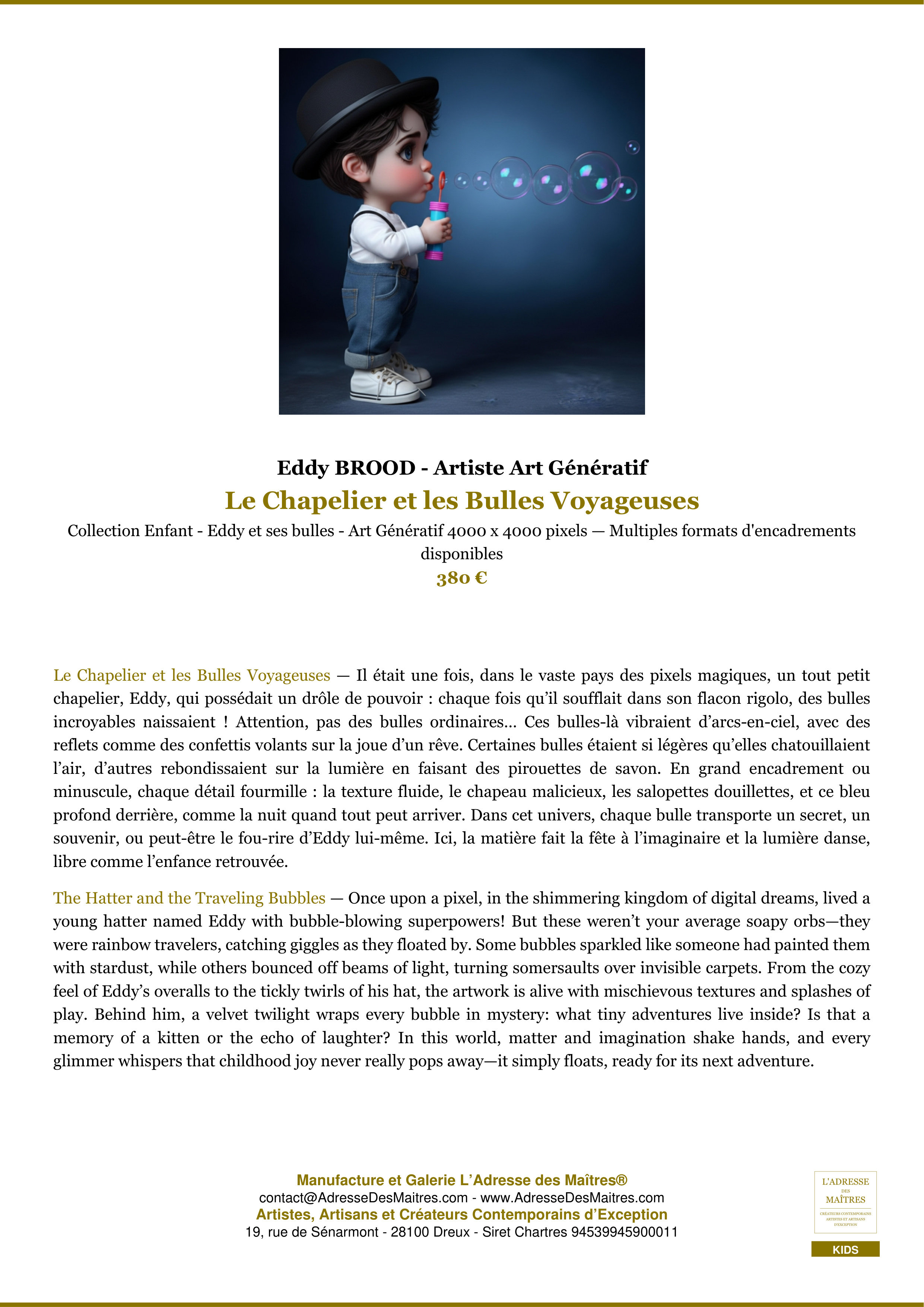 Fiche Premium — Le Chapelier et les Bulles Voyageuses — Eddy BROOD - Artiste Art Génératif — L'Adresse des Maîtres®