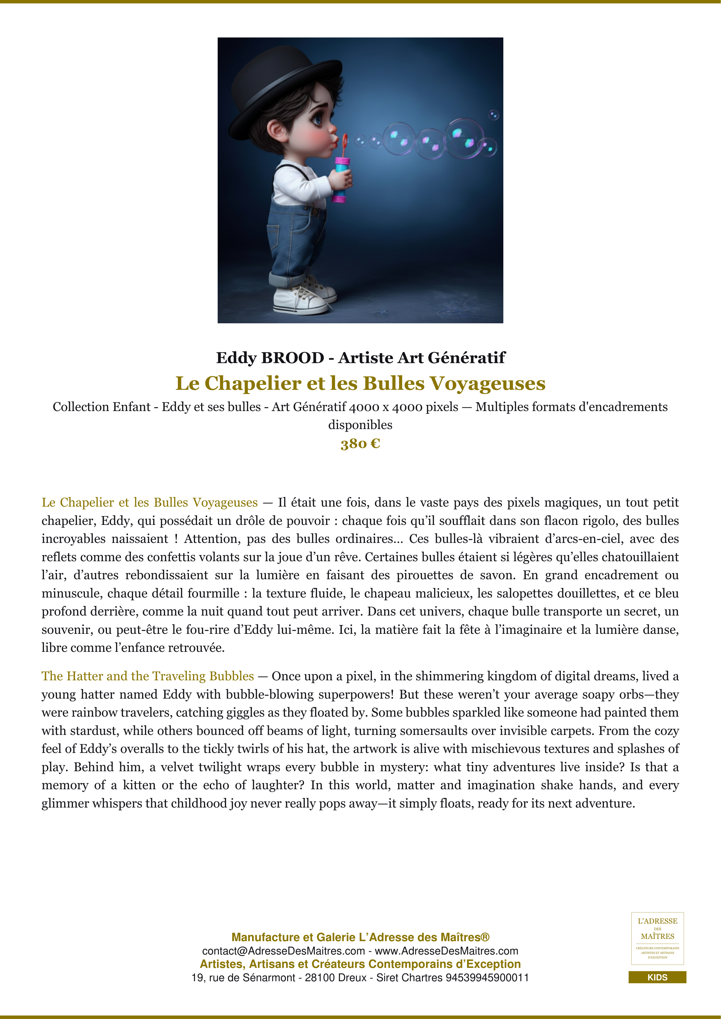 Fiche Premium — Le Chapelier et les Bulles Voyageuses — Eddy BROOD - Artiste Art Génératif — L'Adresse des Maîtres®