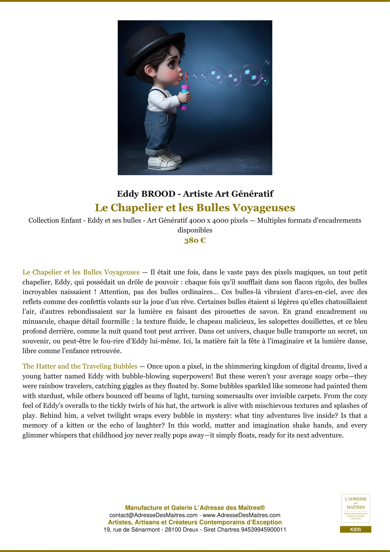 Fiche Premium - Le Chapelier et les Bulles Voyageuses - Eddy BROOD - Artiste Art Génératif - L'Adresse des Maîtres®