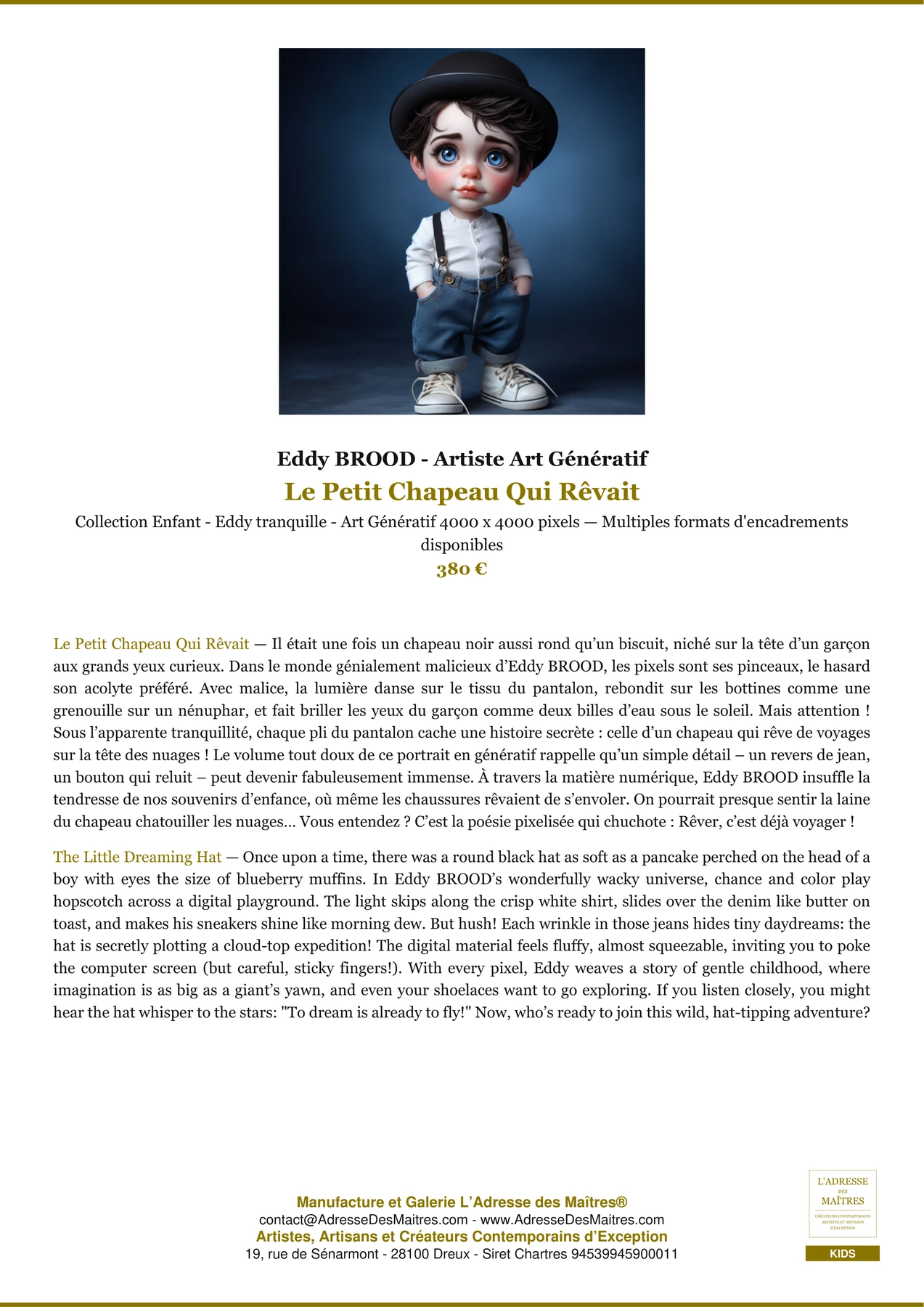 Fiche Premium - Le Petit Chapeau Qui Rêvait - Eddy BROOD - Artiste Art Génératif - L'Adresse des Maîtres®