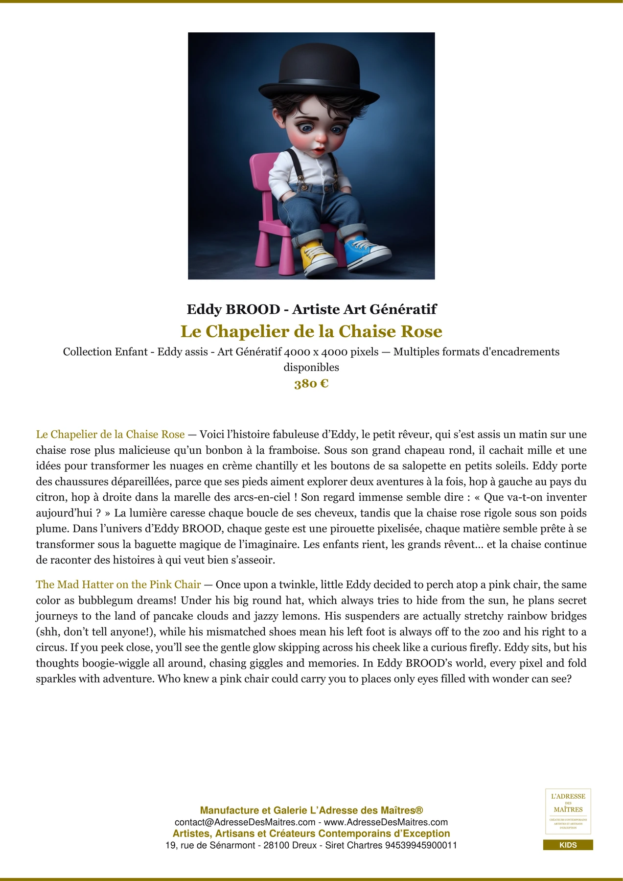 Fiche Premium - Le Chapelier de la Chaise Rose - Eddy BROOD - Artiste Art Génératif - L'Adresse des Maîtres®