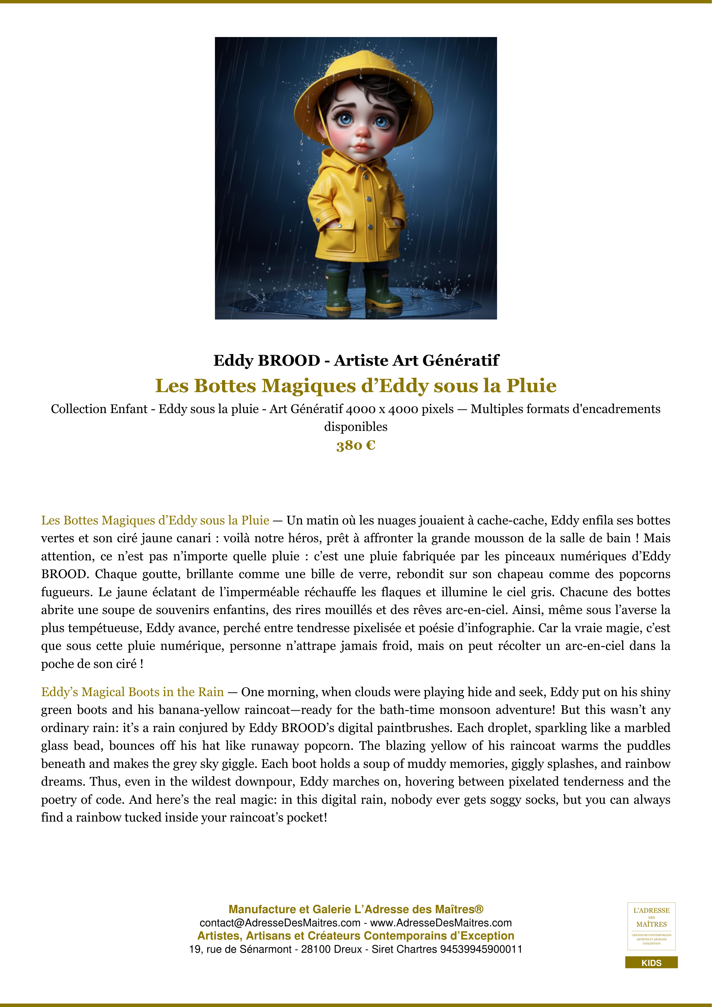 Fiche Premium — Les Bottes Magiques d’Eddy sous la Pluie — Eddy BROOD - Artiste Art Génératif — L'Adresse des Maîtres®