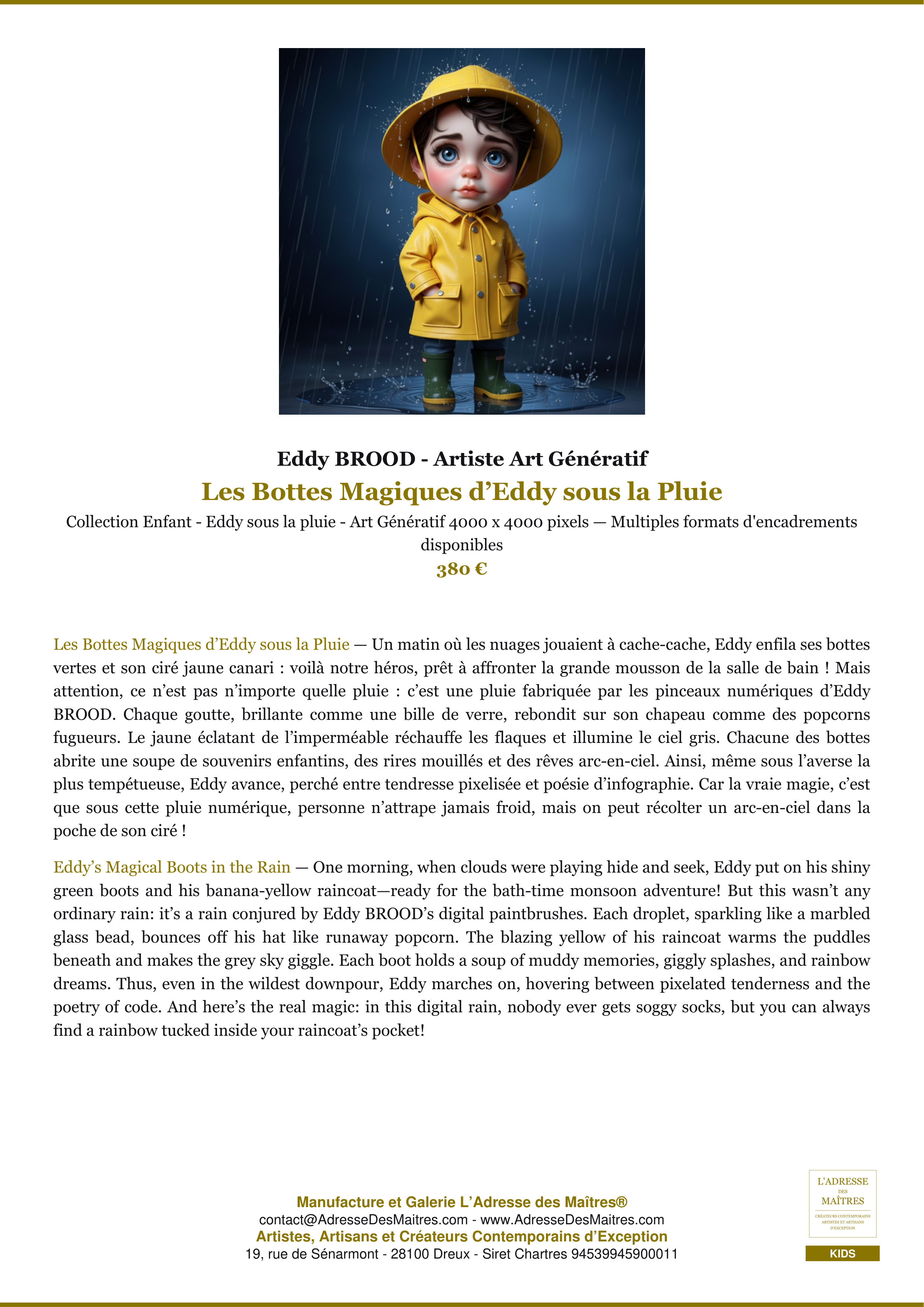 Fiche Premium — Les Bottes Magiques d’Eddy sous la Pluie — Eddy BROOD - Artiste Art Génératif — L'Adresse des Maîtres®