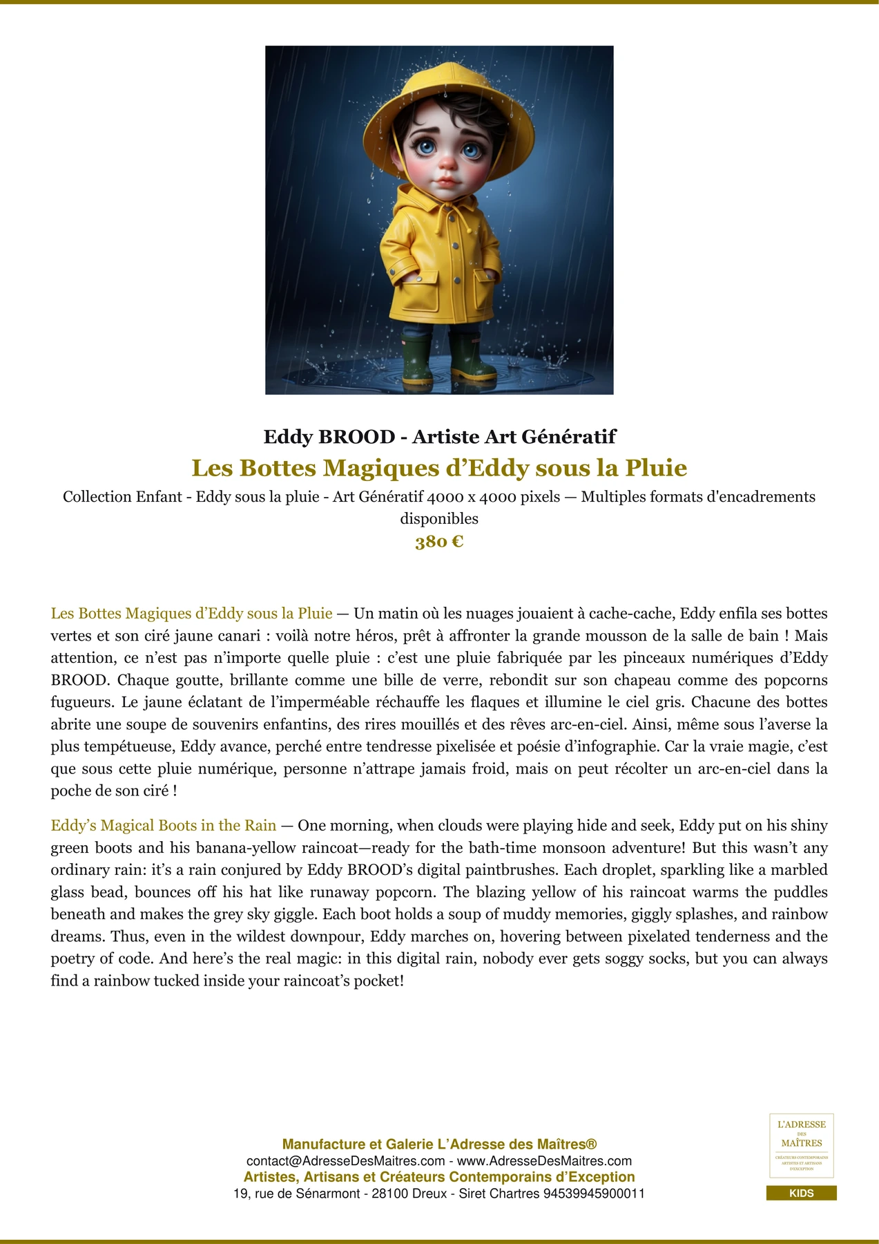 Fiche Premium - Les Bottes Magiques d’Eddy sous la Pluie - Eddy BROOD - Artiste Art Génératif - L'Adresse des Maîtres®