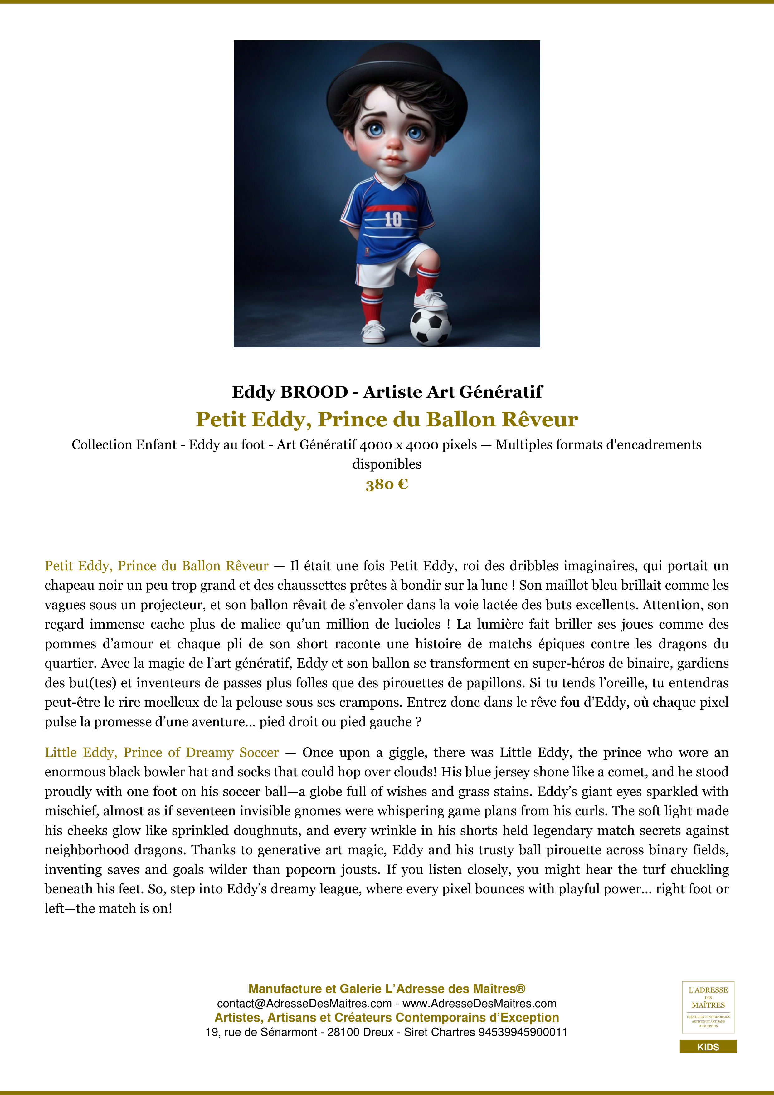 Fiche Premium — Petit Eddy, Prince du Ballon Rêveur — Eddy BROOD - Artiste Art Génératif — L'Adresse des Maîtres®