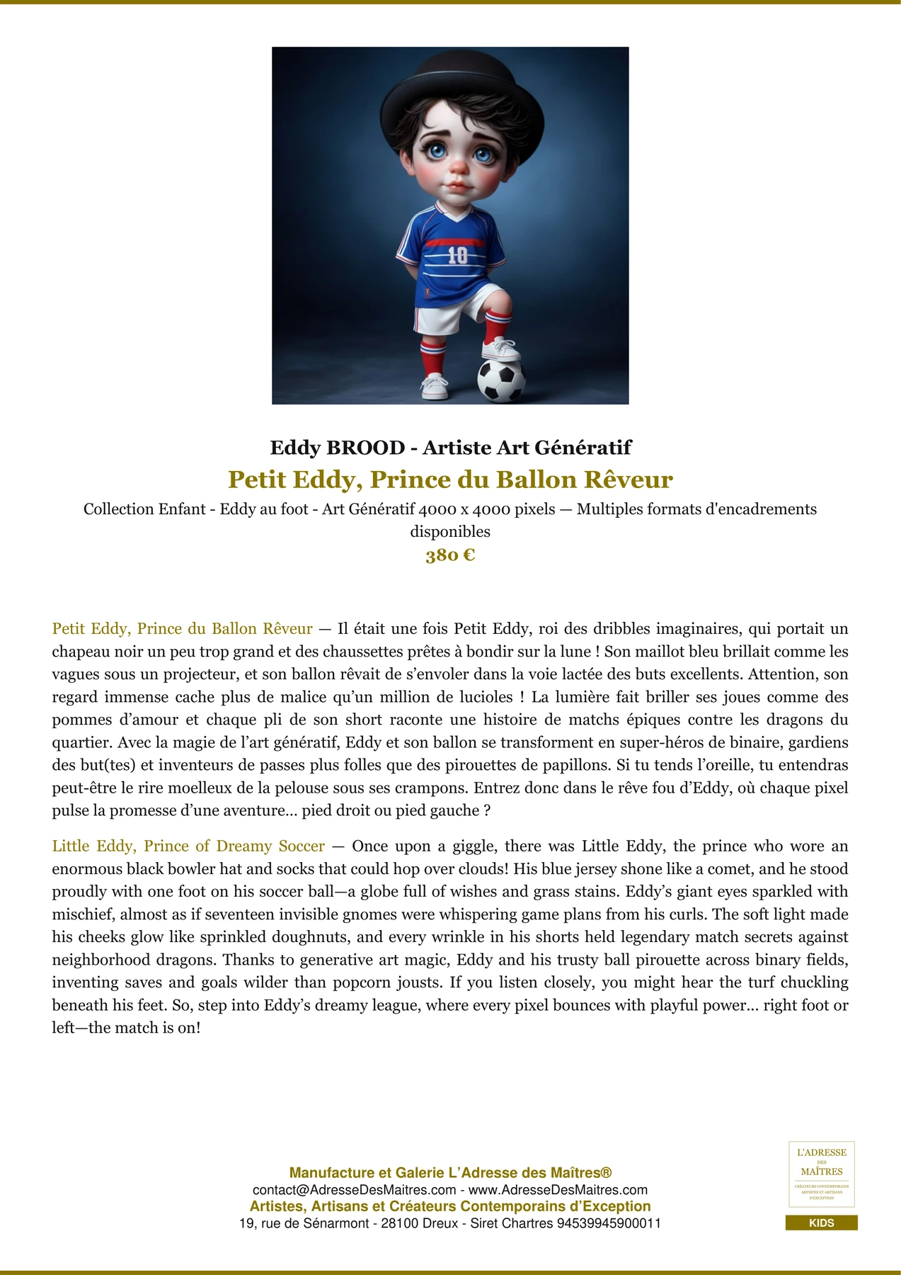 Fiche Premium - Petit Eddy, Prince du Ballon Rêveur - Eddy BROOD - Artiste Art Génératif - L'Adresse des Maîtres®