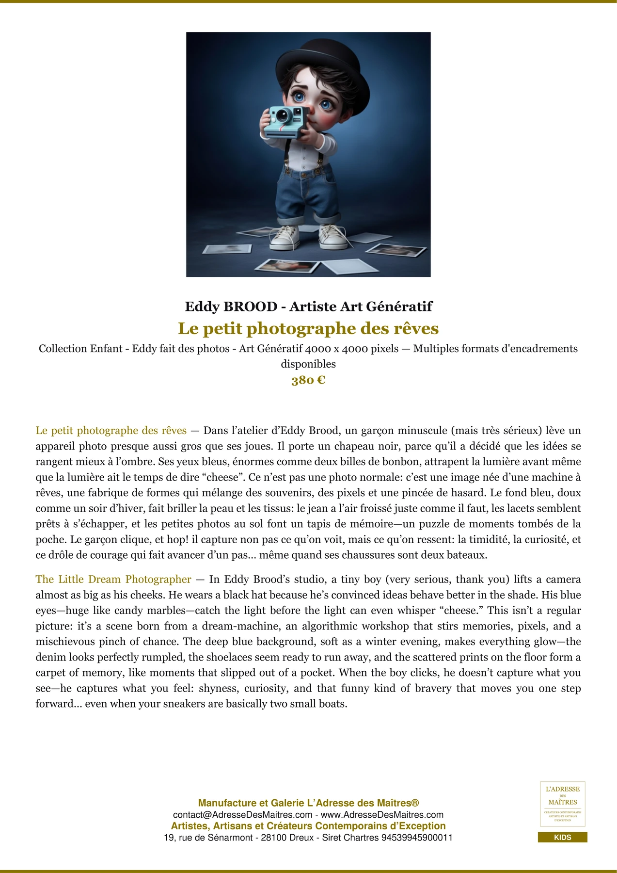 Fiche Premium - Le petit photographe des rêves - Eddy BROOD - Artiste Art Génératif - L'Adresse des Maîtres®