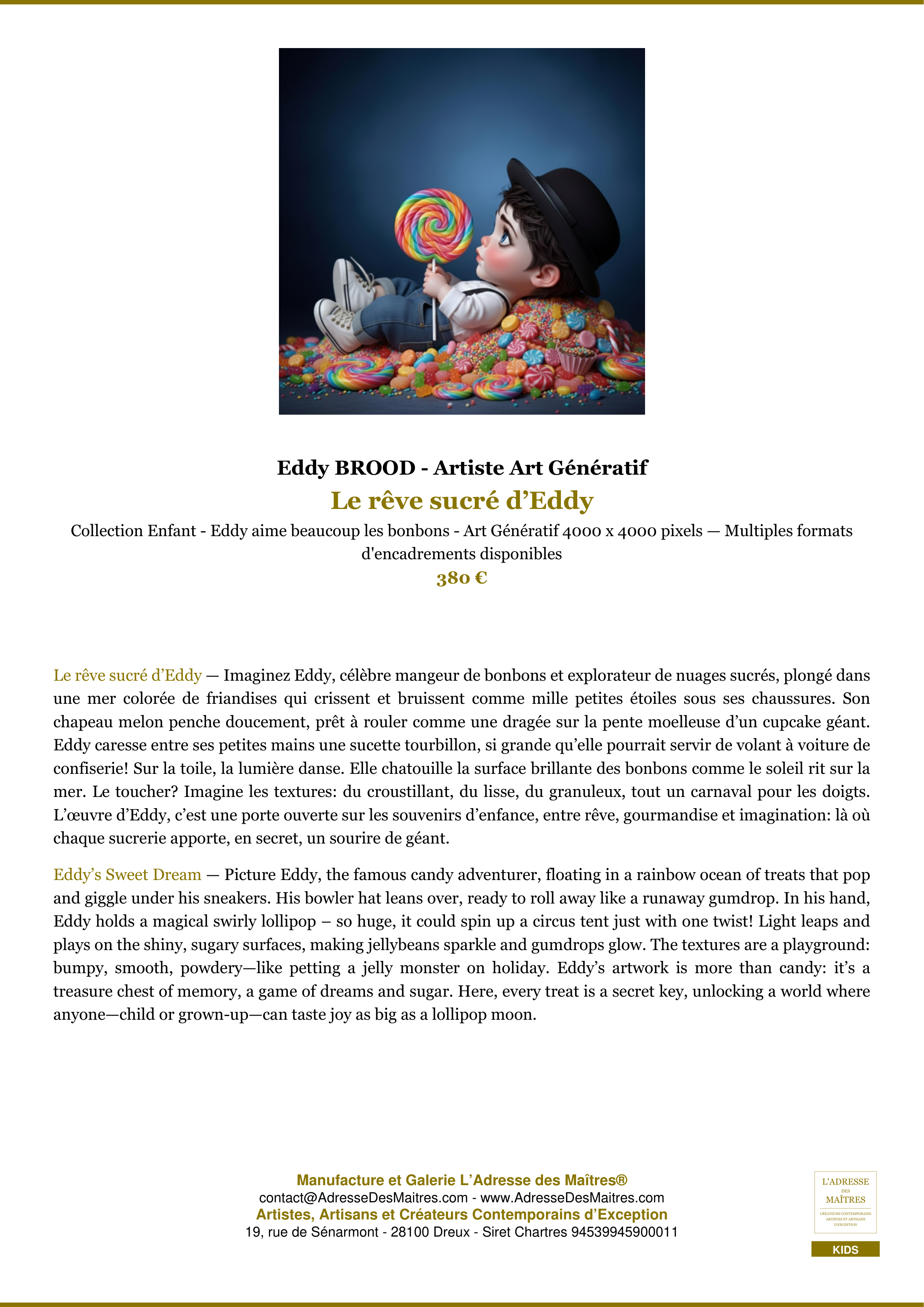 Fiche Premium — Le rêve sucré d’Eddy — Eddy BROOD - Artiste Art Génératif — L'Adresse des Maîtres®