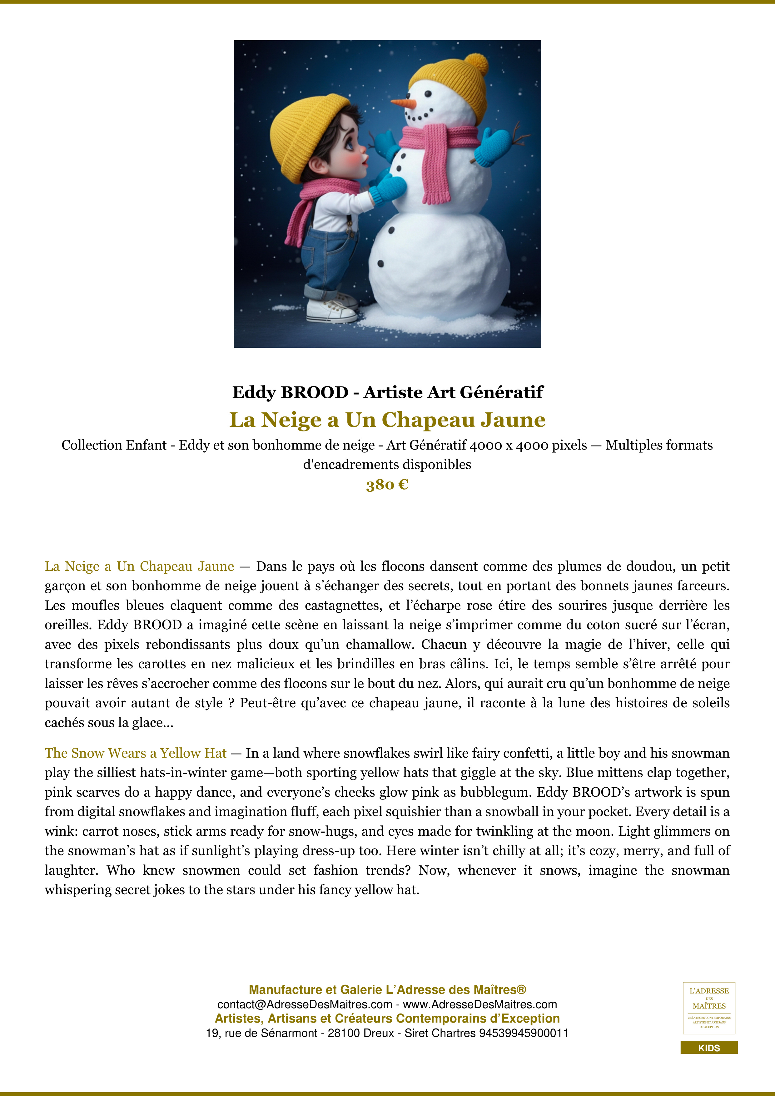 Fiche Premium — La Neige a Un Chapeau Jaune — Eddy BROOD - Artiste Art Génératif — L'Adresse des Maîtres®