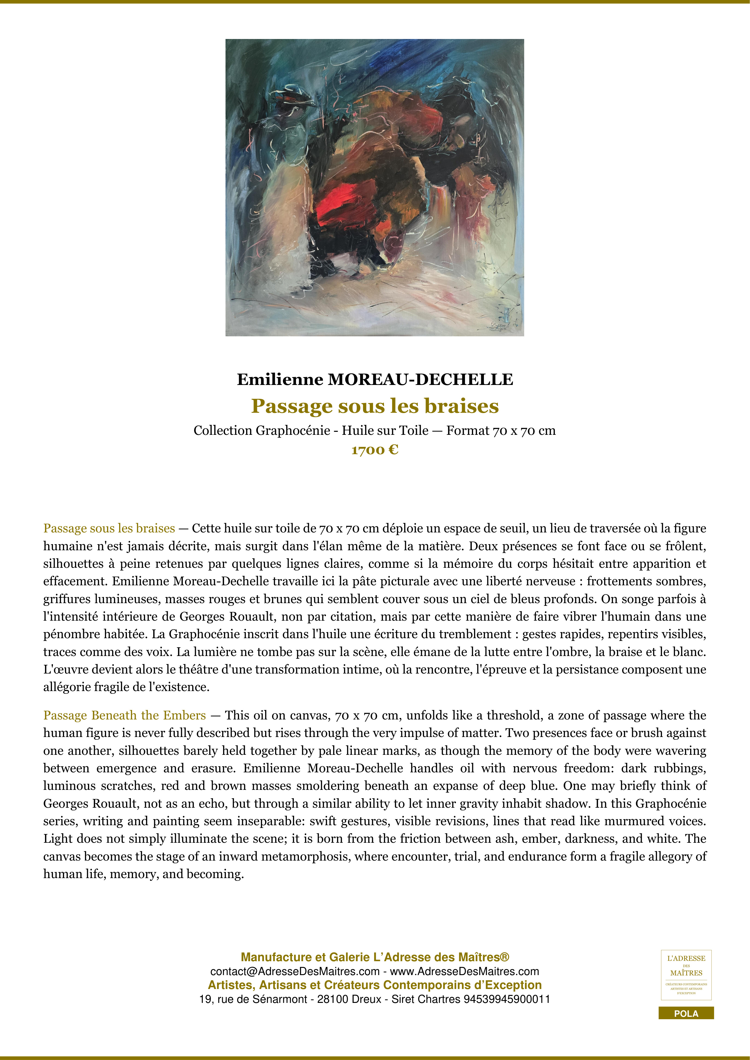 Fiche Premium — Passage sous les braises — Emilienne MOREAU-DECHELLE — L'Adresse des Maîtres®