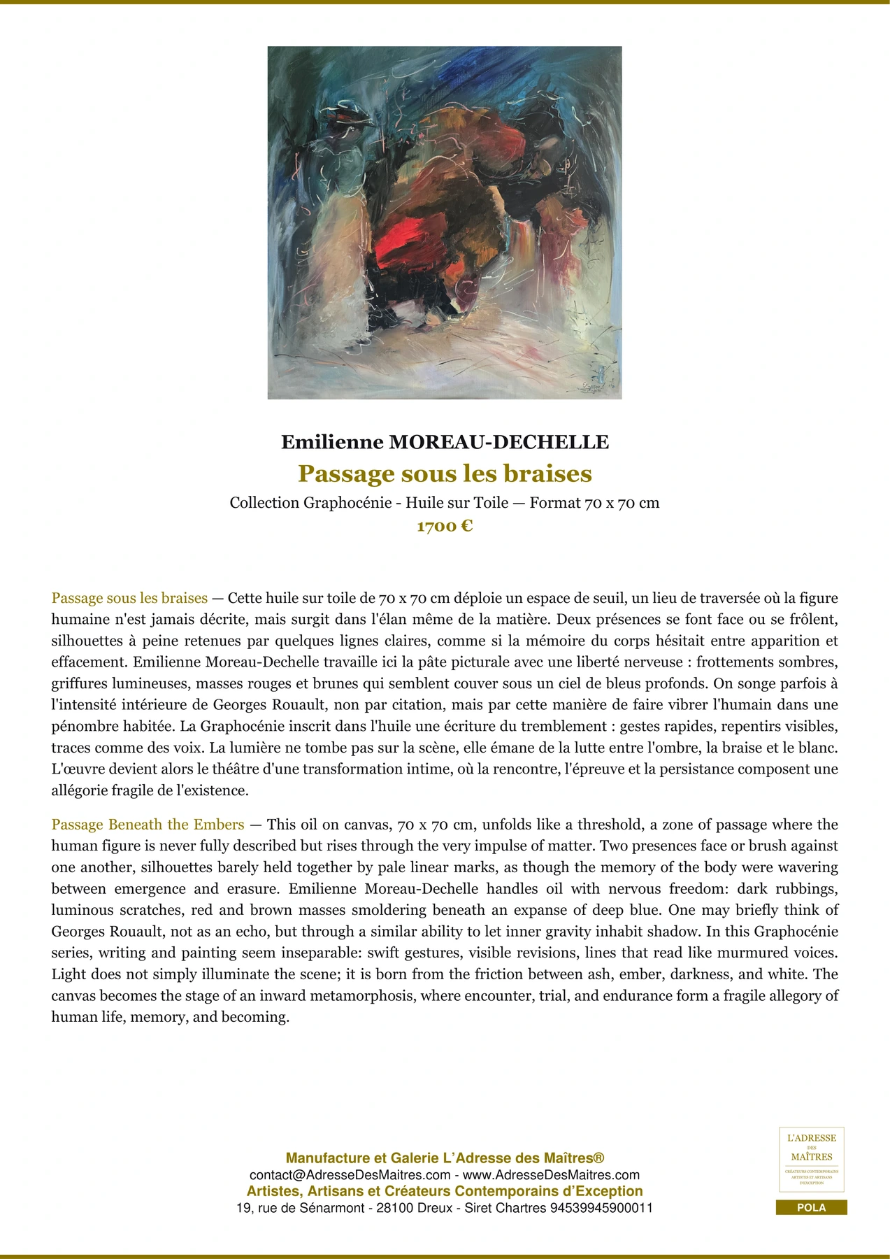 Fiche Premium - Passage sous les braises - Emilienne MOREAU-DECHELLE - L'Adresse des Maîtres®
