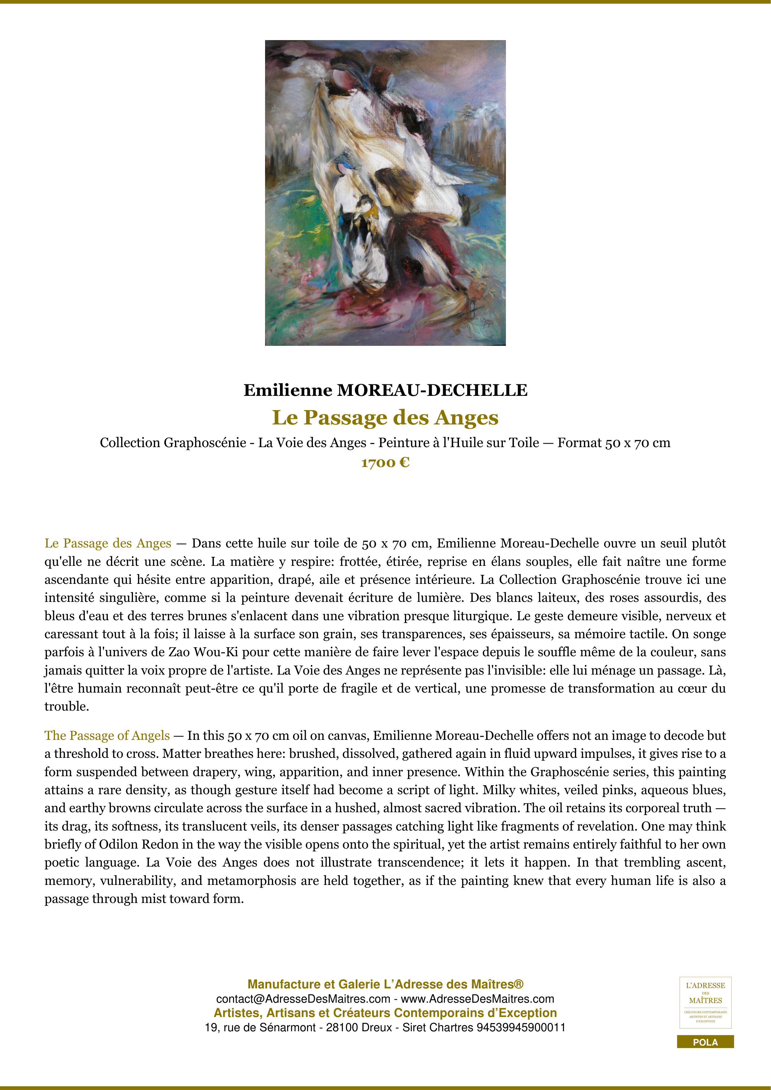 Fiche Premium — Le Passage des Anges — Emilienne MOREAU-DECHELLE — L'Adresse des Maîtres®