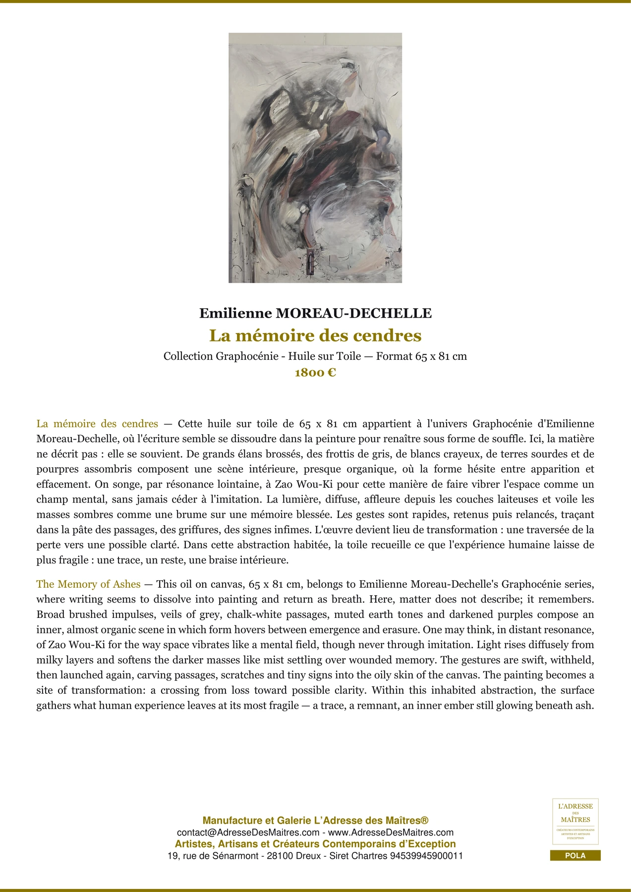 Fiche Premium - La mémoire des cendres - Emilienne MOREAU-DECHELLE - L'Adresse des Maîtres®