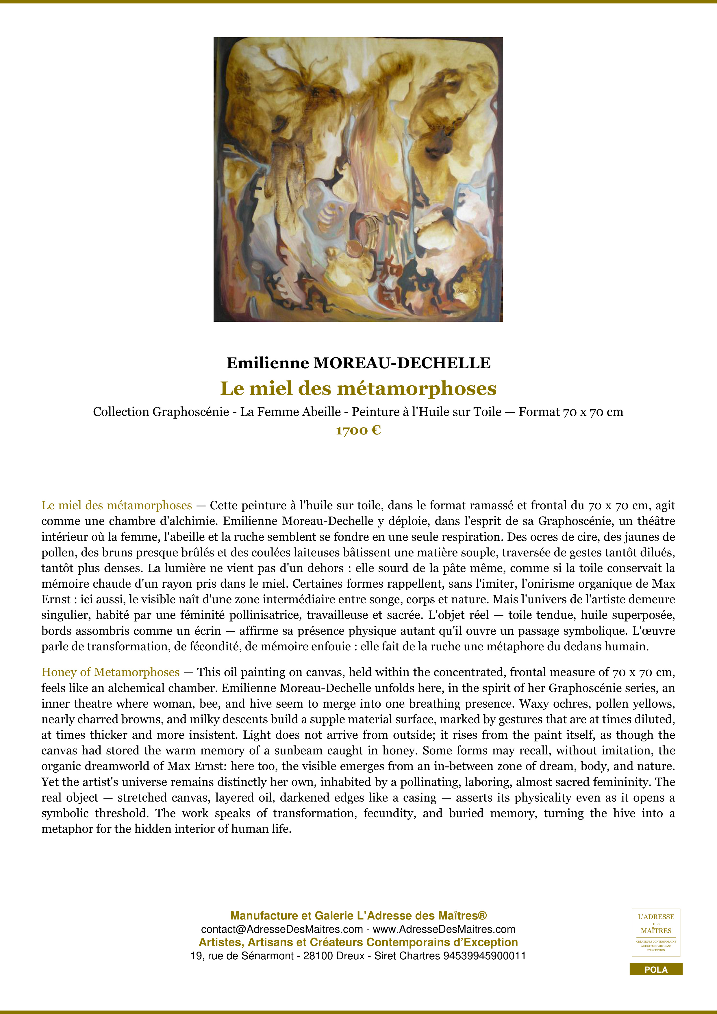 Fiche Premium — Le miel des métamorphoses — Emilienne MOREAU-DECHELLE — L'Adresse des Maîtres®