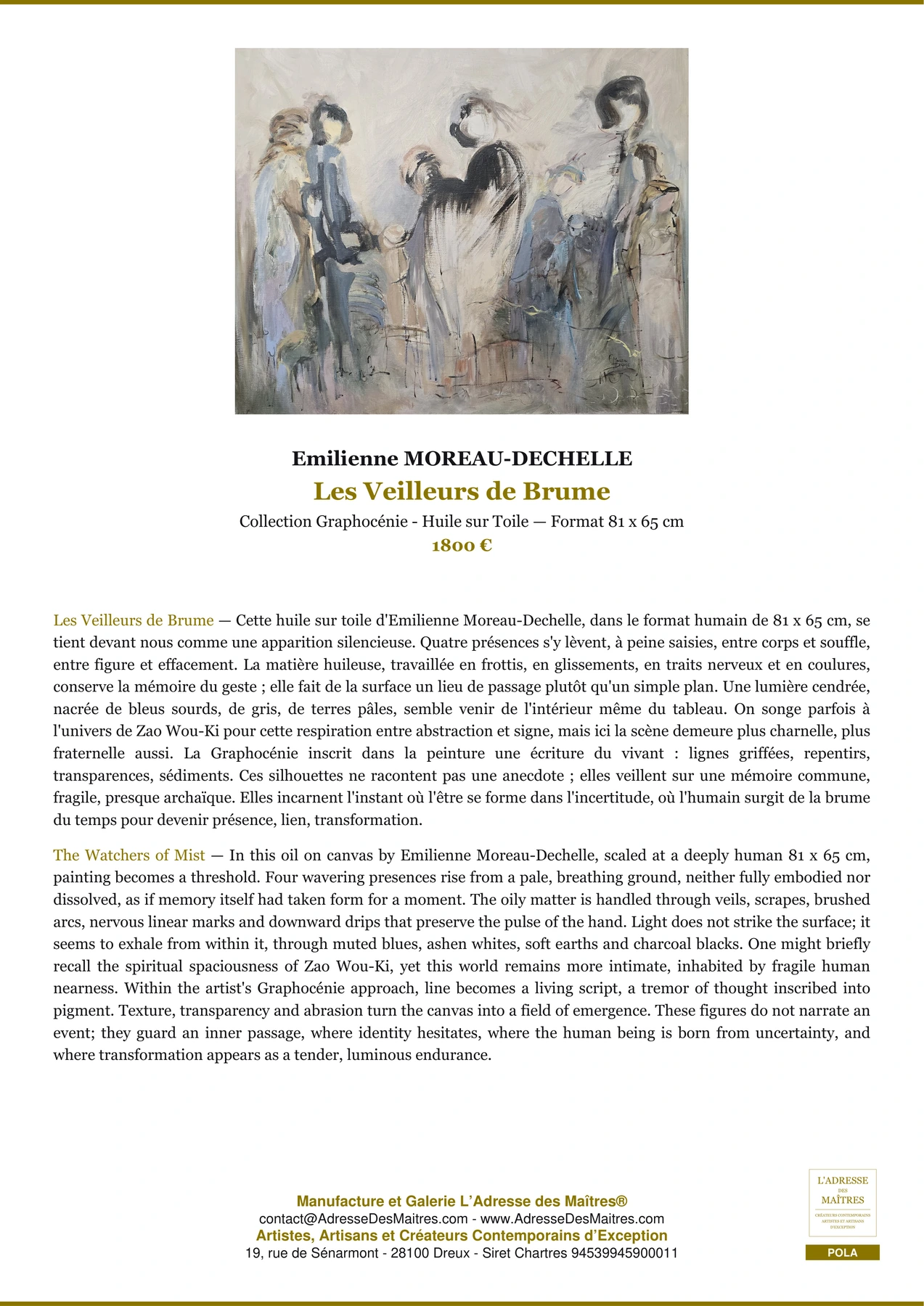 Fiche Premium - Les Veilleurs de Brume - Emilienne MOREAU-DECHELLE - L'Adresse des Maîtres®