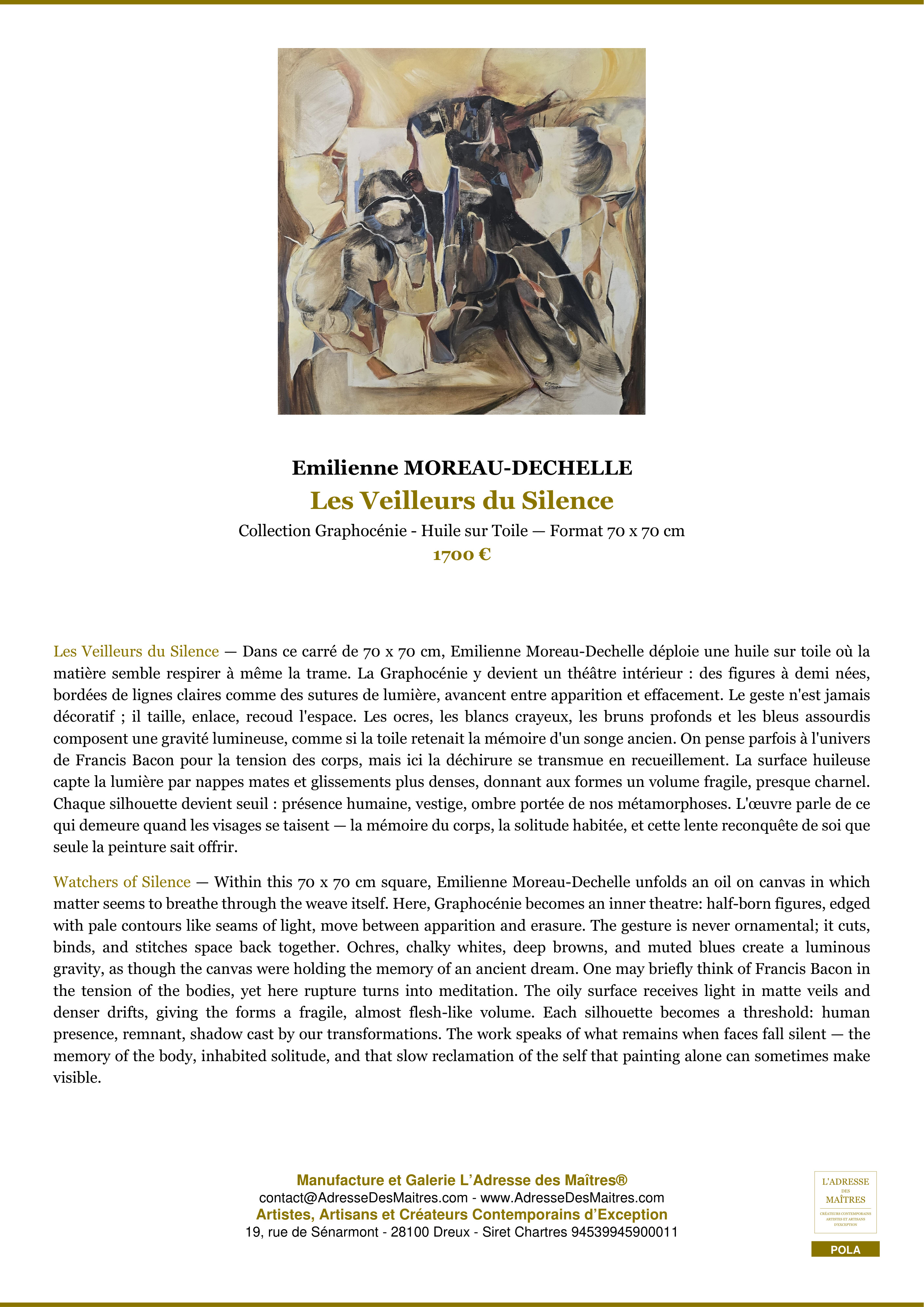 Fiche Premium — Les Veilleurs du Silence — Emilienne MOREAU-DECHELLE — L'Adresse des Maîtres®