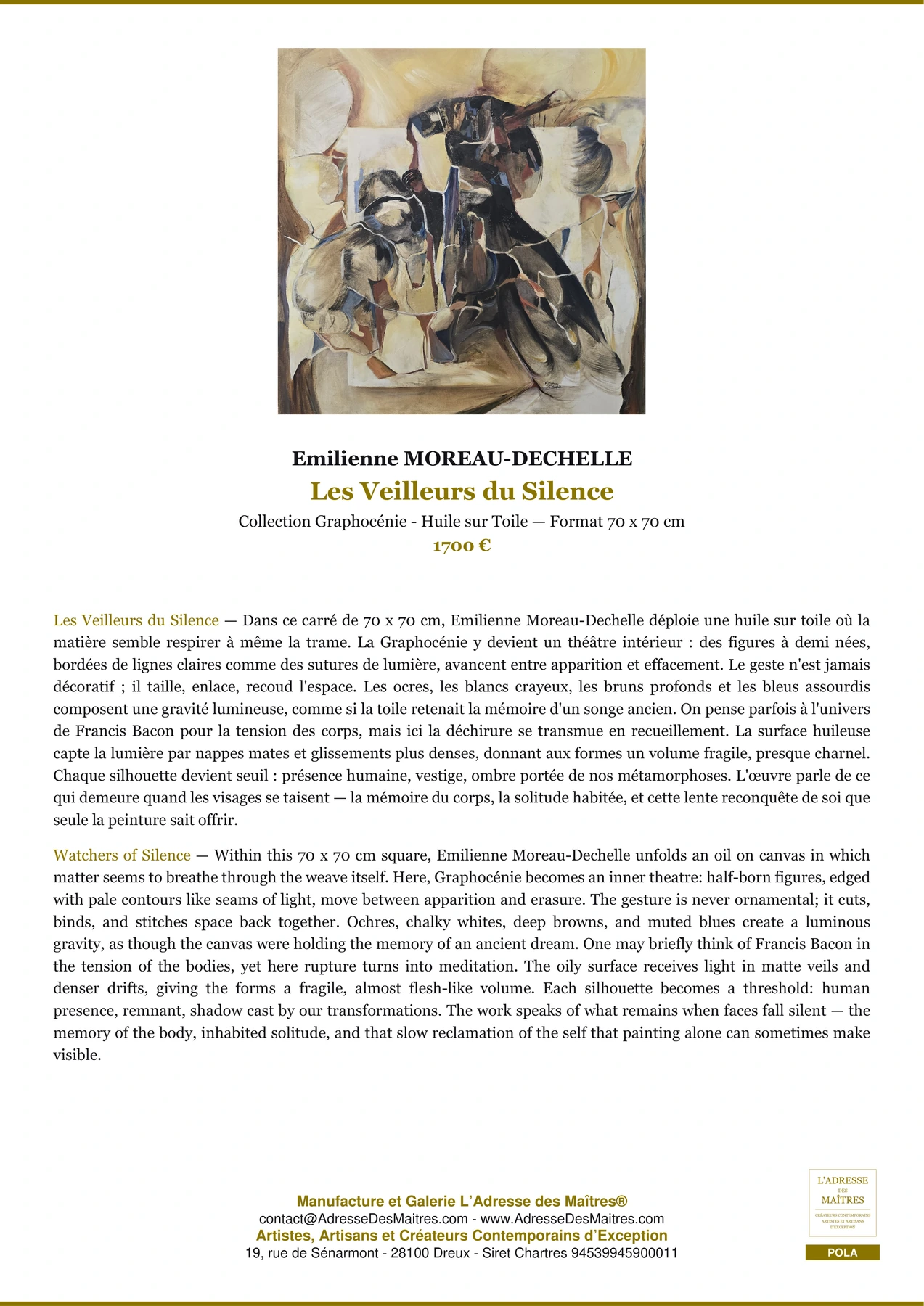 Fiche Premium - Les Veilleurs du Silence - Emilienne MOREAU-DECHELLE - L'Adresse des Maîtres®