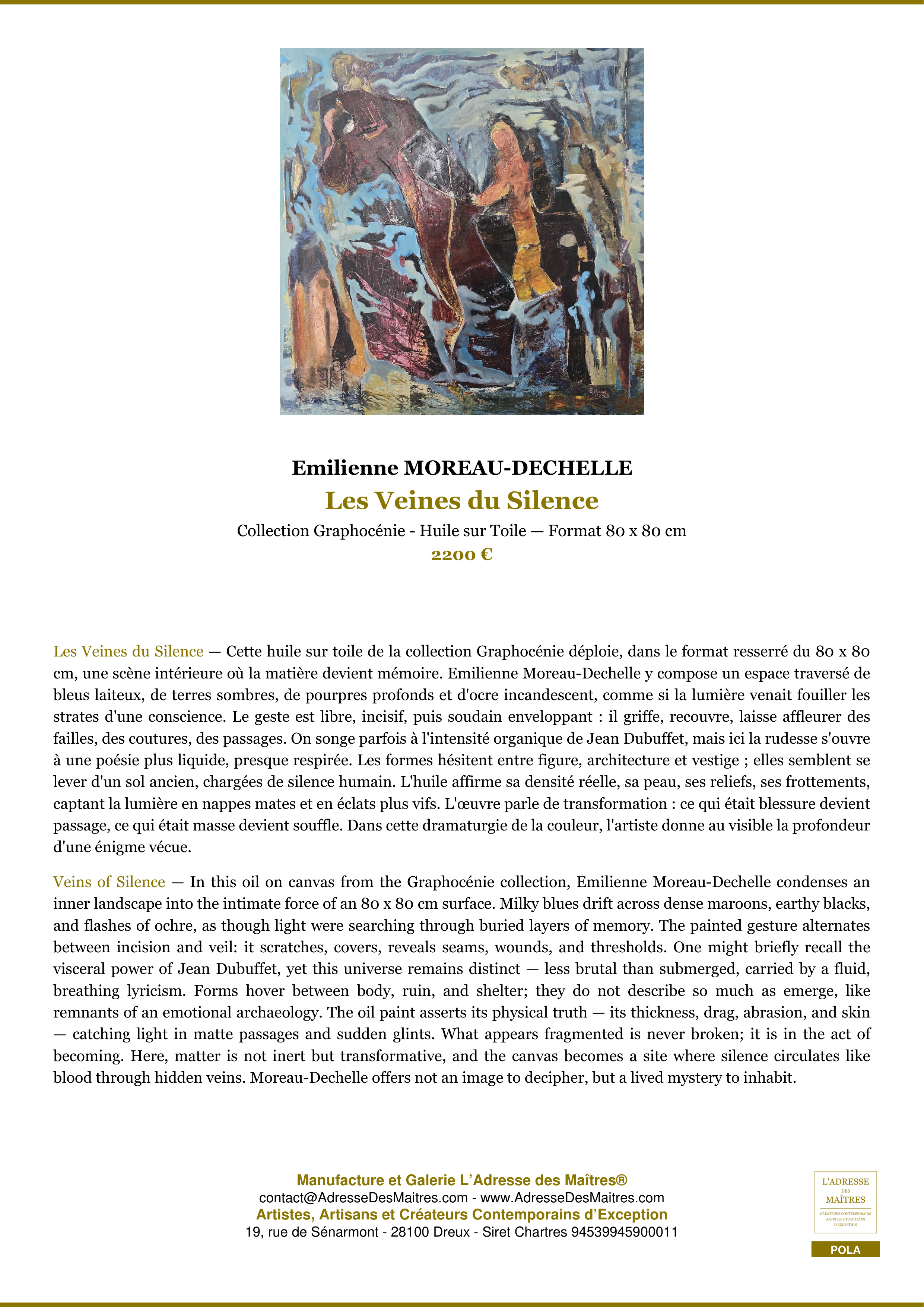Fiche Premium — Les Veines du Silence — Emilienne MOREAU-DECHELLE — L'Adresse des Maîtres®