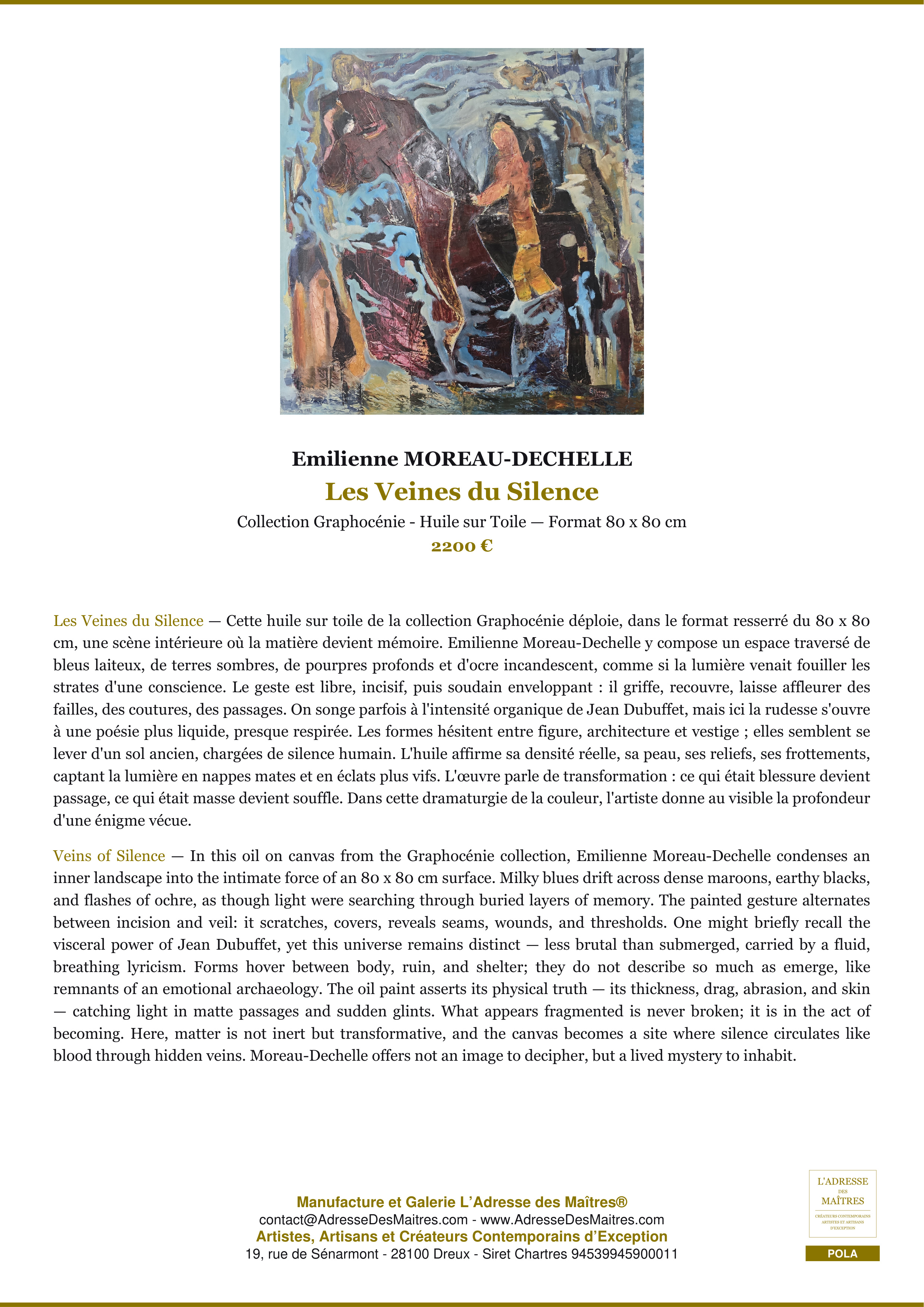 Fiche Premium — Les Veines du Silence — Emilienne MOREAU-DECHELLE — L'Adresse des Maîtres®