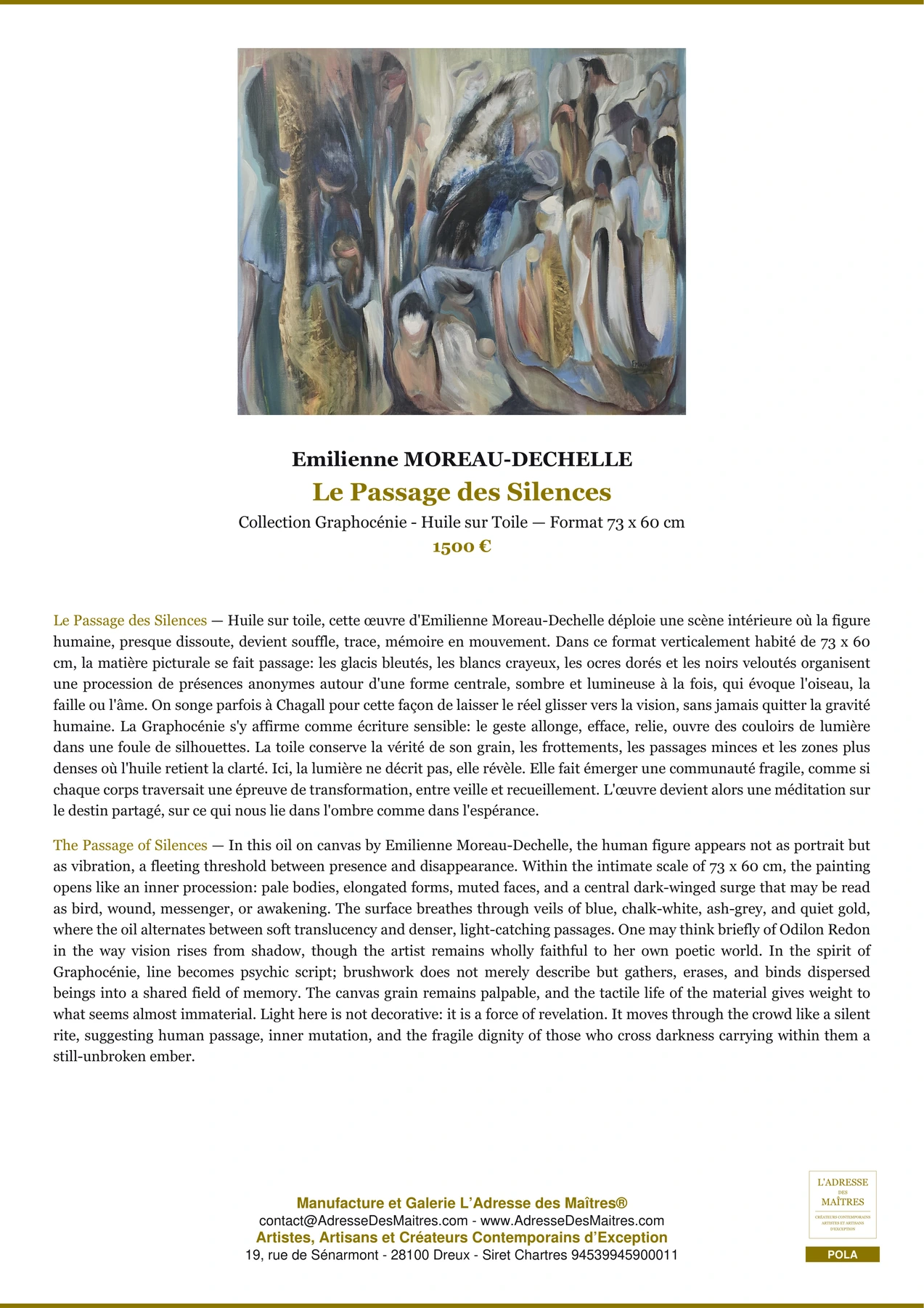 Fiche Premium - Le Passage des Silences - Emilienne MOREAU-DECHELLE - L'Adresse des Maîtres®