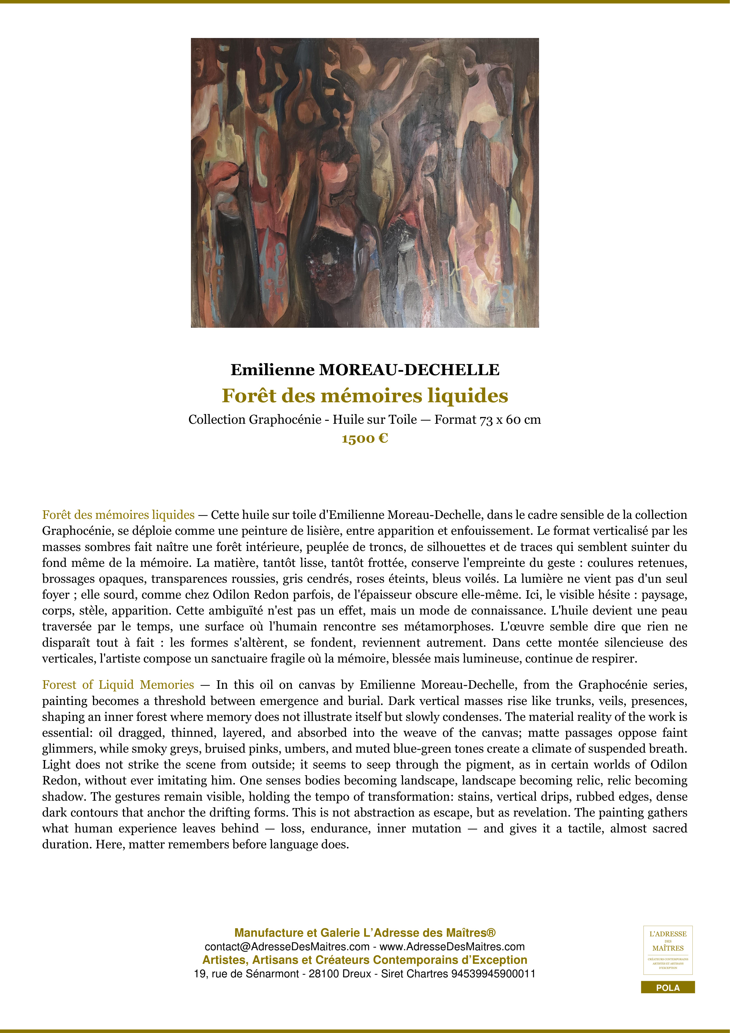 Fiche Premium — Forêt des mémoires liquides — Emilienne MOREAU-DECHELLE — L'Adresse des Maîtres®