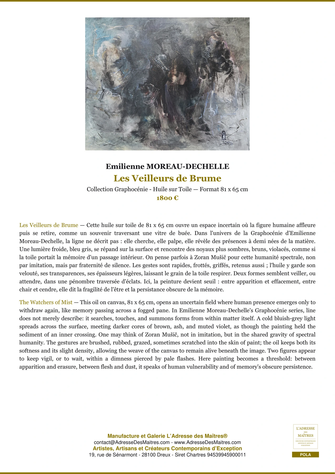Fiche Premium - Les Veilleurs de Brume - Emilienne MOREAU-DECHELLE - L'Adresse des Maîtres®