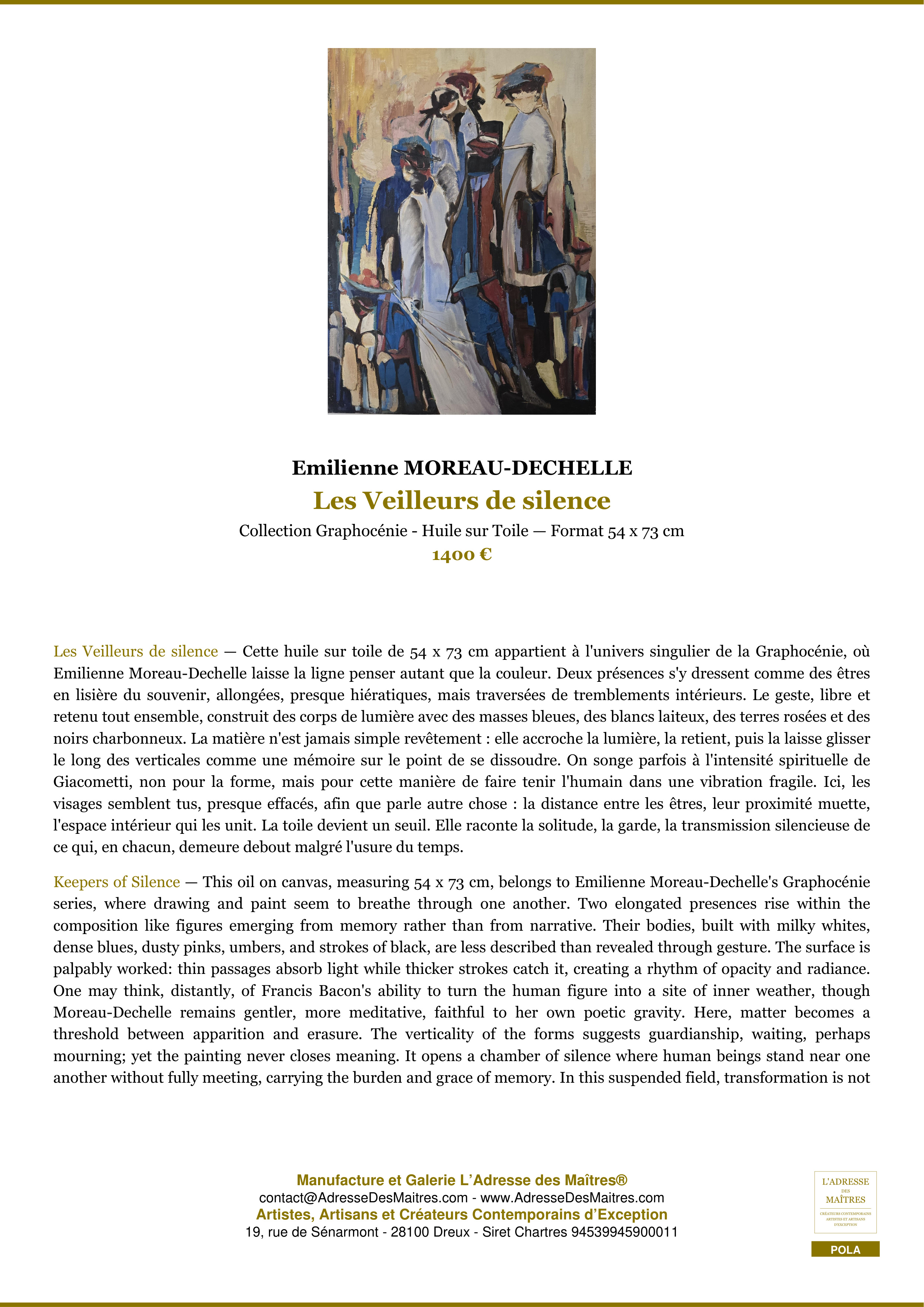 Fiche Premium — Les Veilleurs de silence — Emilienne MOREAU-DECHELLE — L'Adresse des Maîtres®