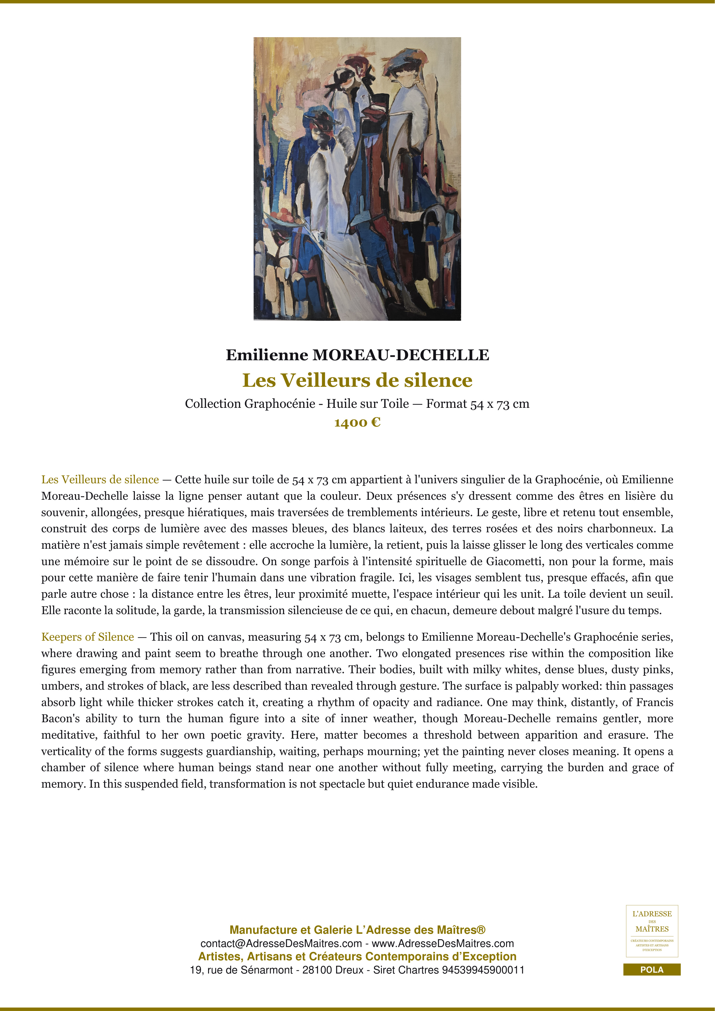 Fiche Premium — Les Veilleurs de silence — Emilienne MOREAU-DECHELLE — L'Adresse des Maîtres®