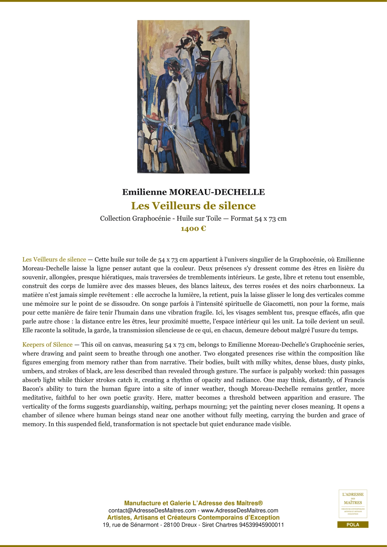 Fiche Premium - Les Veilleurs de silence - Emilienne MOREAU-DECHELLE - L'Adresse des Maîtres®
