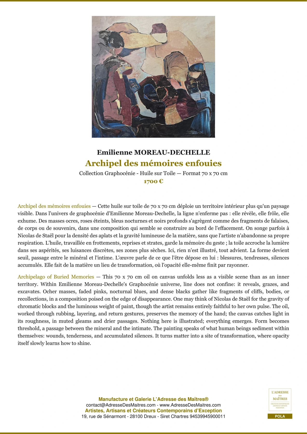 Fiche Premium - Archipel des mémoires enfouies - Emilienne MOREAU-DECHELLE - L'Adresse des Maîtres®