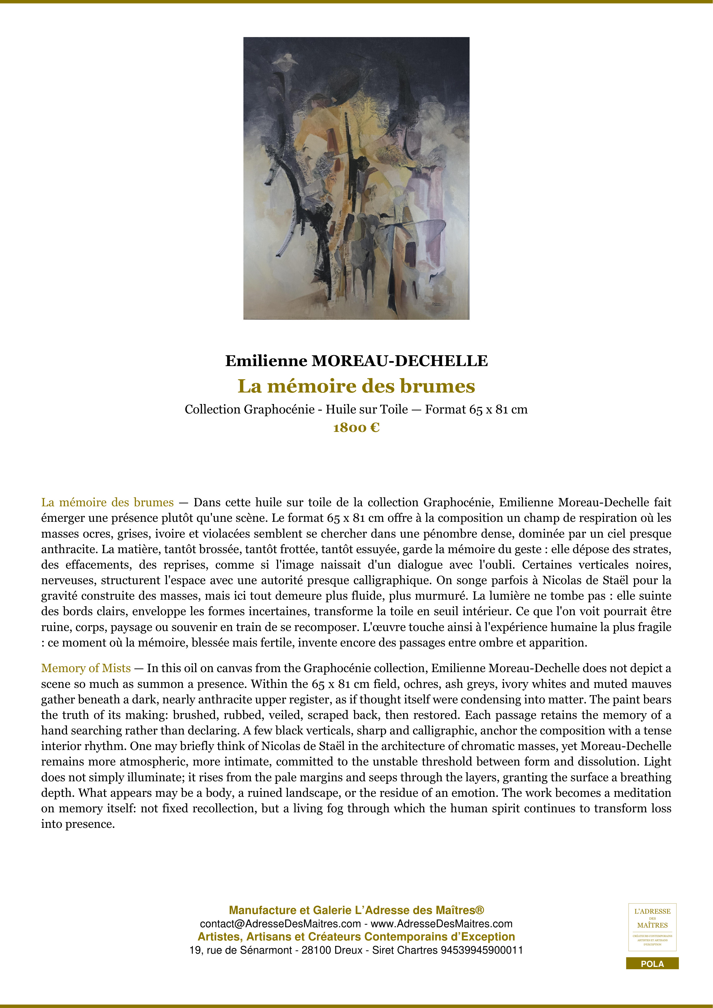 Fiche Premium — La mémoire des brumes — Emilienne MOREAU-DECHELLE — L'Adresse des Maîtres®