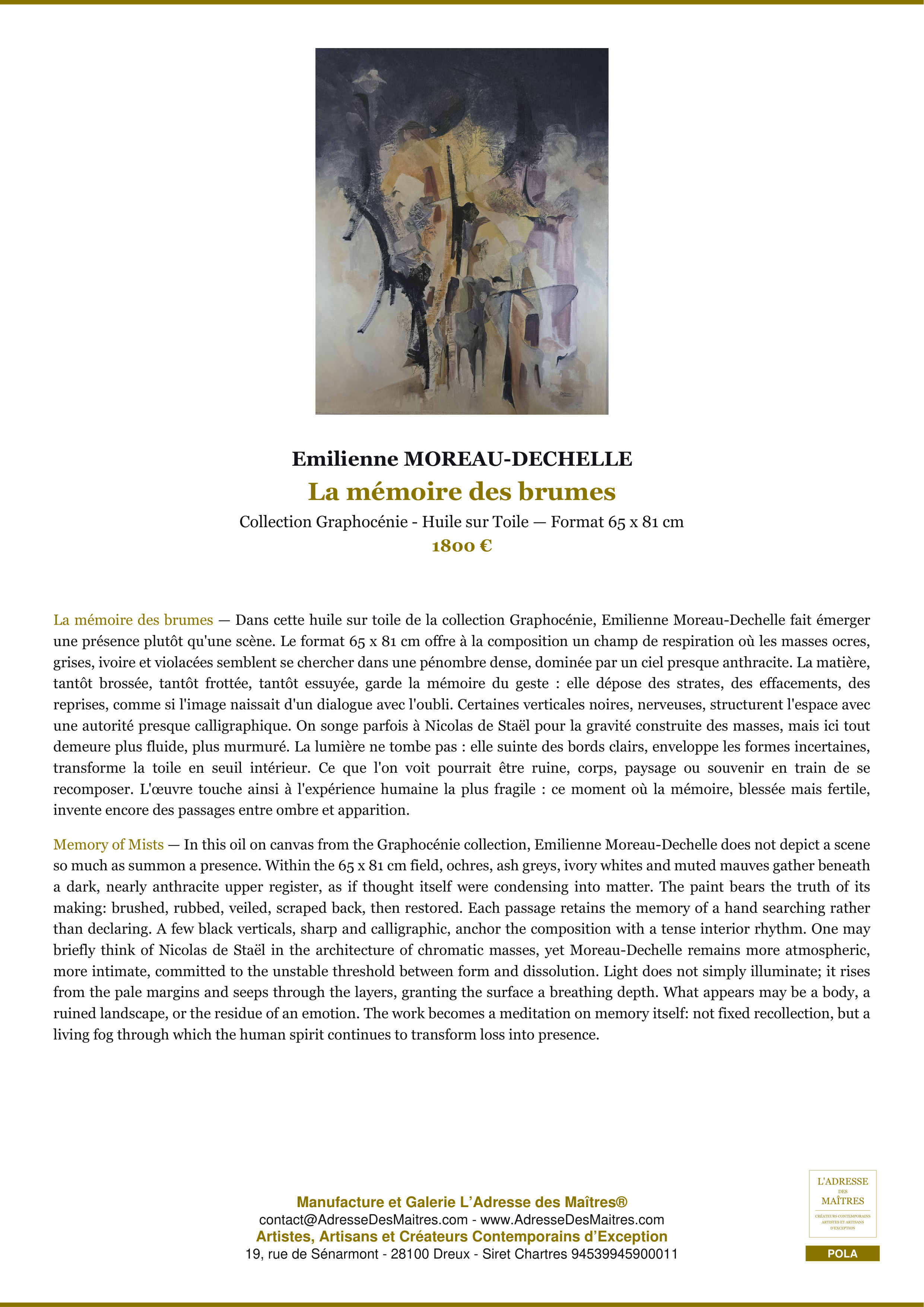 Fiche Premium — La mémoire des brumes — Emilienne MOREAU-DECHELLE — L'Adresse des Maîtres®
