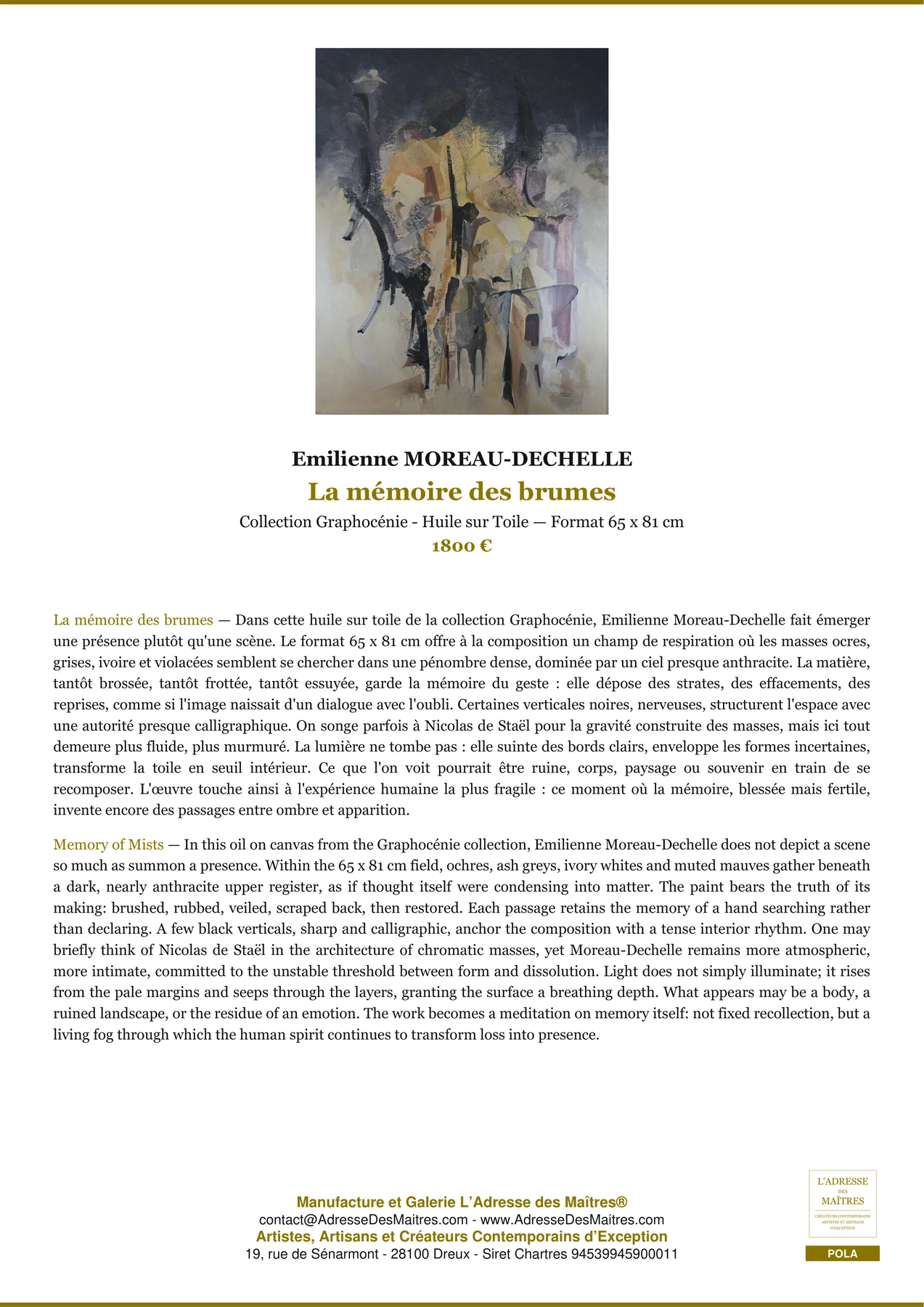 Fiche Premium - La mémoire des brumes - Emilienne MOREAU-DECHELLE - L'Adresse des Maîtres®