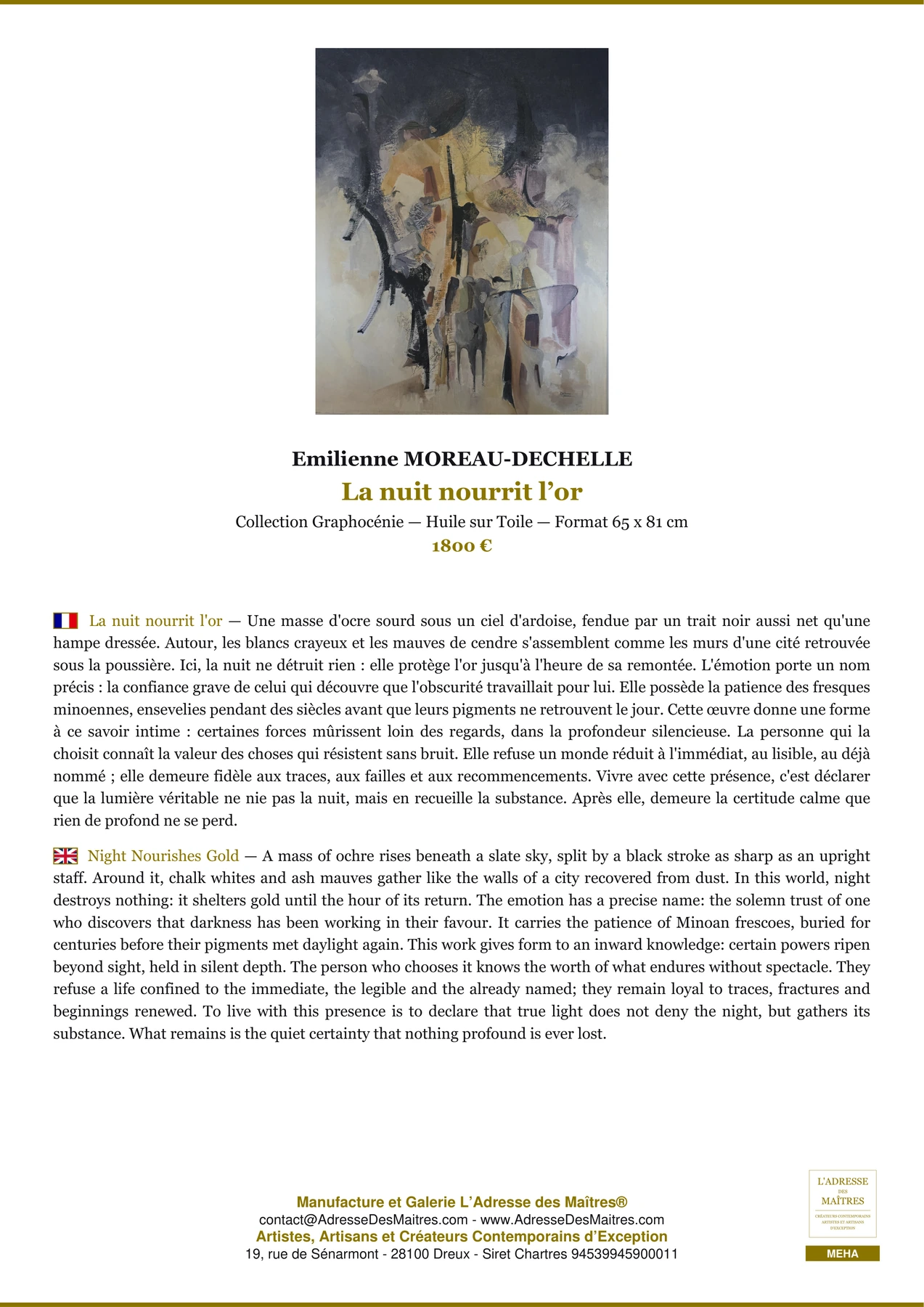 Fiche Premium - La nuit nourrit l’or - Emilienne MOREAU-DECHELLE - L'Adresse des Maîtres®