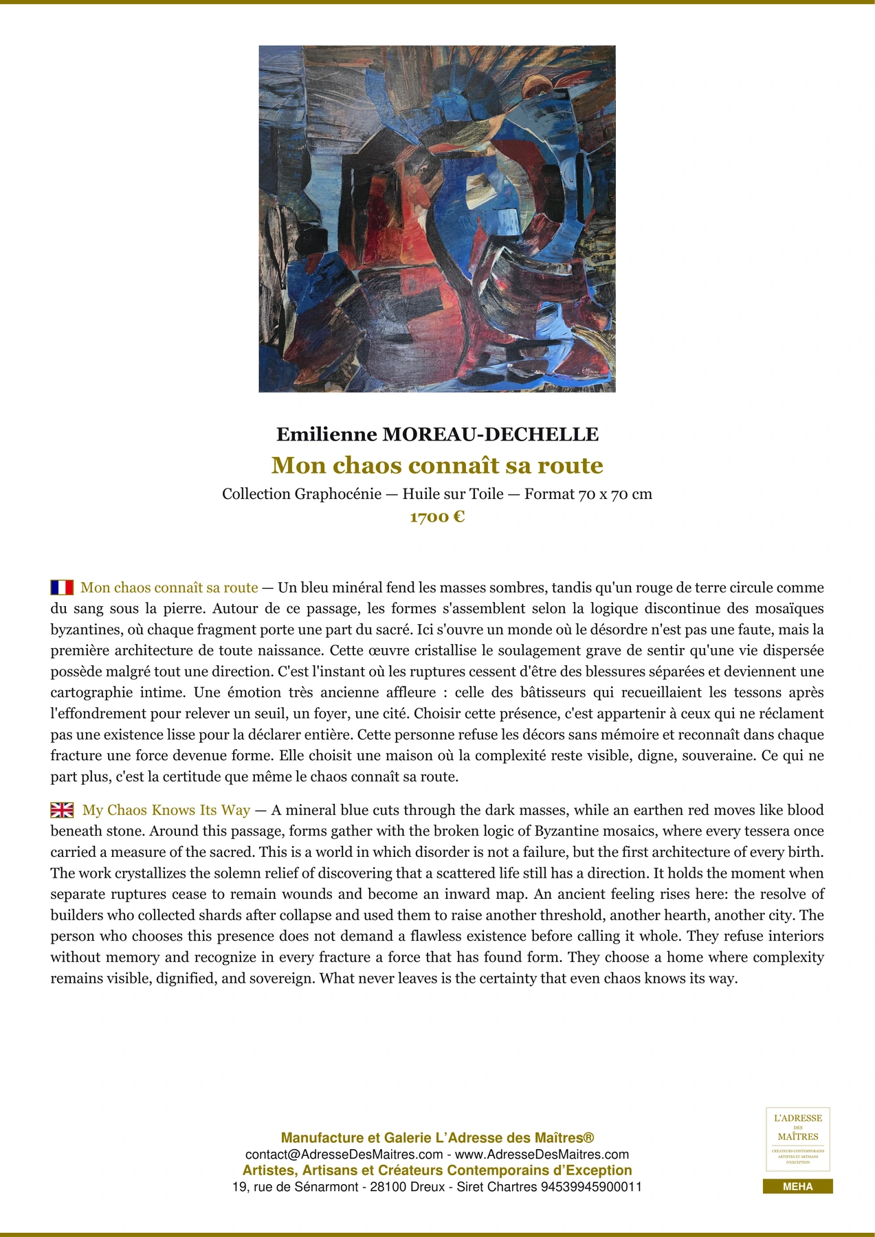 Fiche Premium - Mon chaos connaît sa route - Emilienne MOREAU-DECHELLE - L'Adresse des Maîtres®
