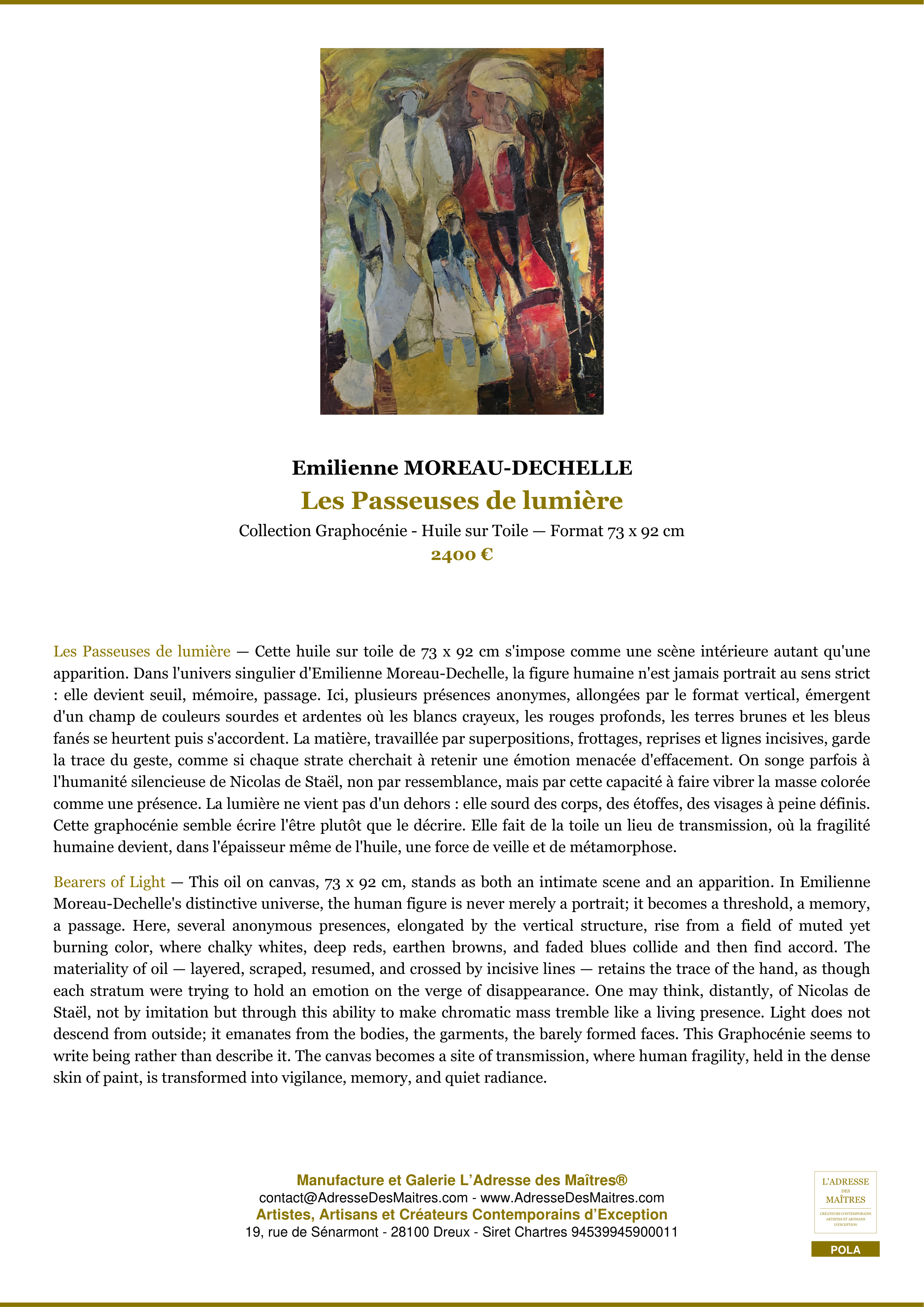 Fiche Premium — Les Passeuses de lumière — Emilienne MOREAU-DECHELLE — L'Adresse des Maîtres®