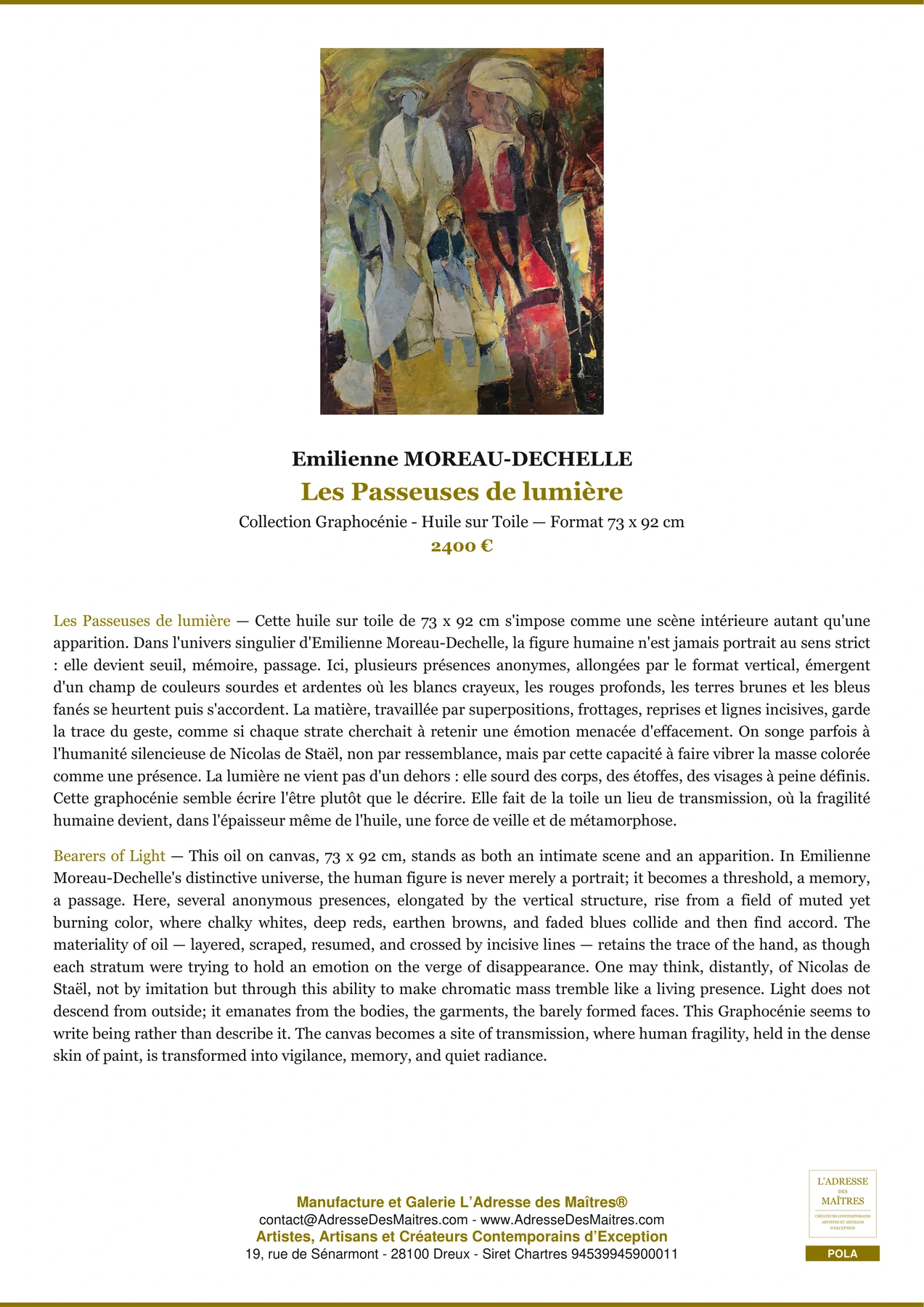 Fiche Premium - Les Passeuses de lumière - Emilienne MOREAU-DECHELLE - L'Adresse des Maîtres®