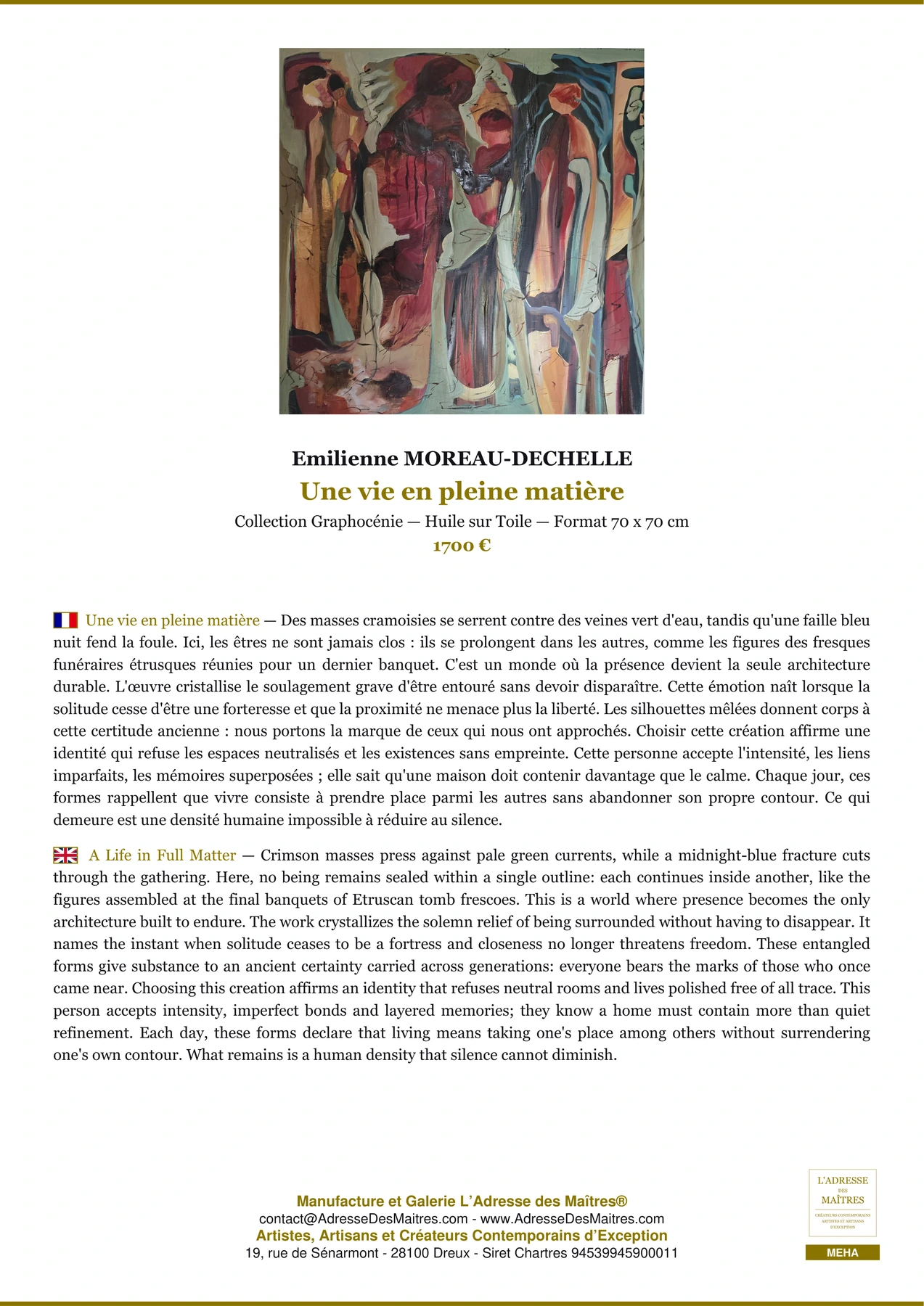 Fiche Premium - Une vie en pleine matière - Emilienne MOREAU-DECHELLE - L'Adresse des Maîtres®