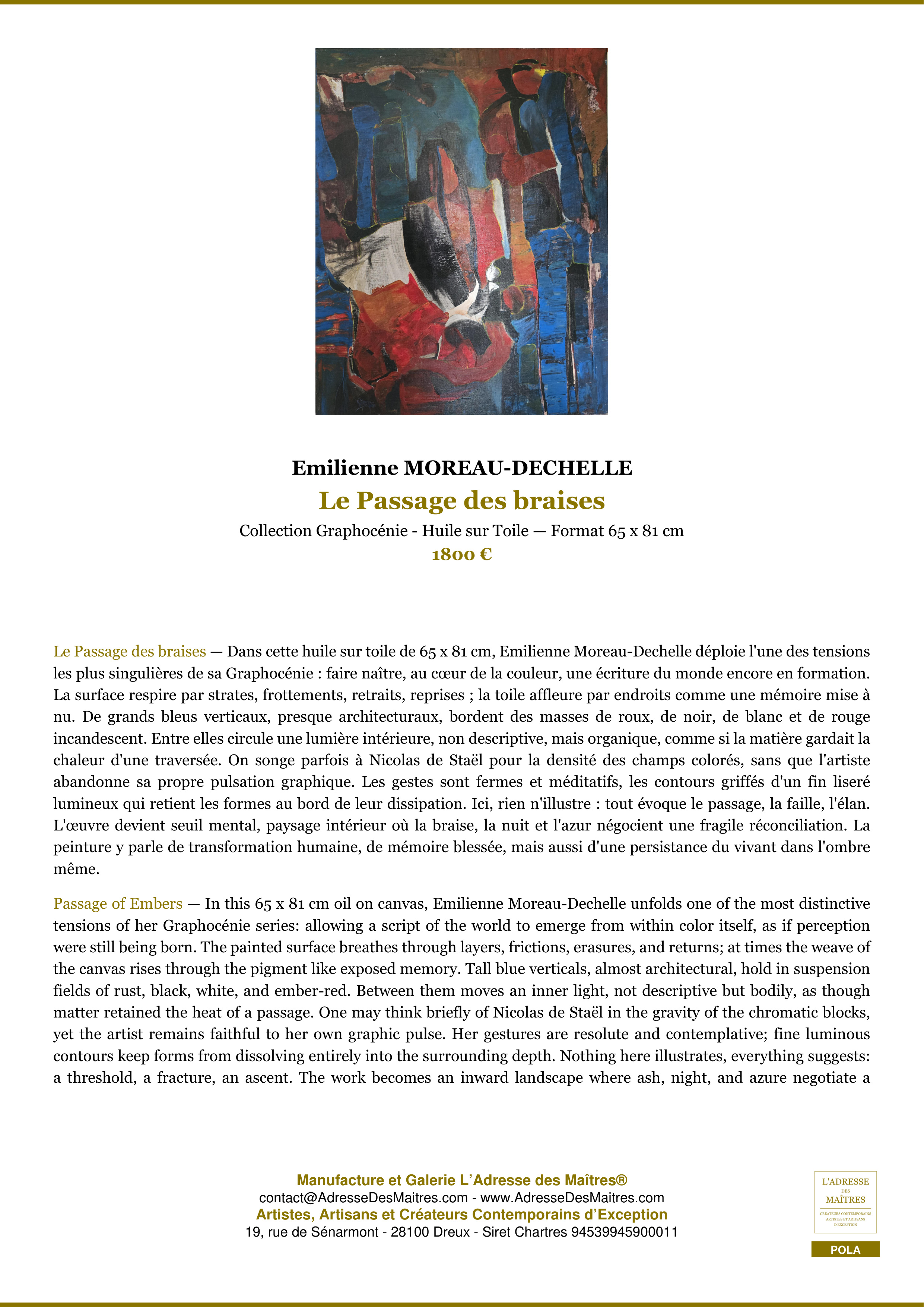 Fiche Premium — Le Passage des braises — Emilienne MOREAU-DECHELLE — L'Adresse des Maîtres®