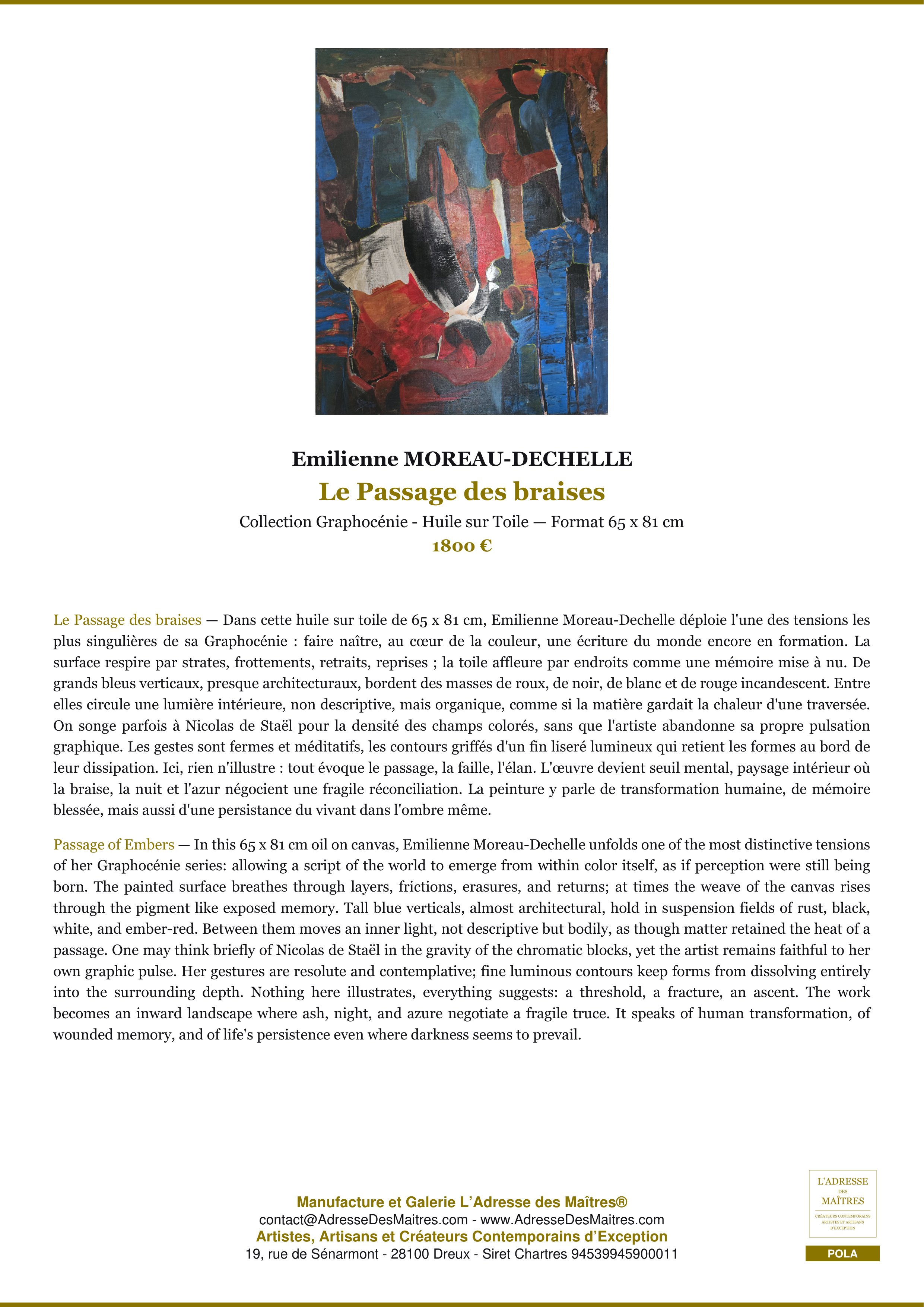 Fiche Premium — Le Passage des braises — Emilienne MOREAU-DECHELLE — L'Adresse des Maîtres®