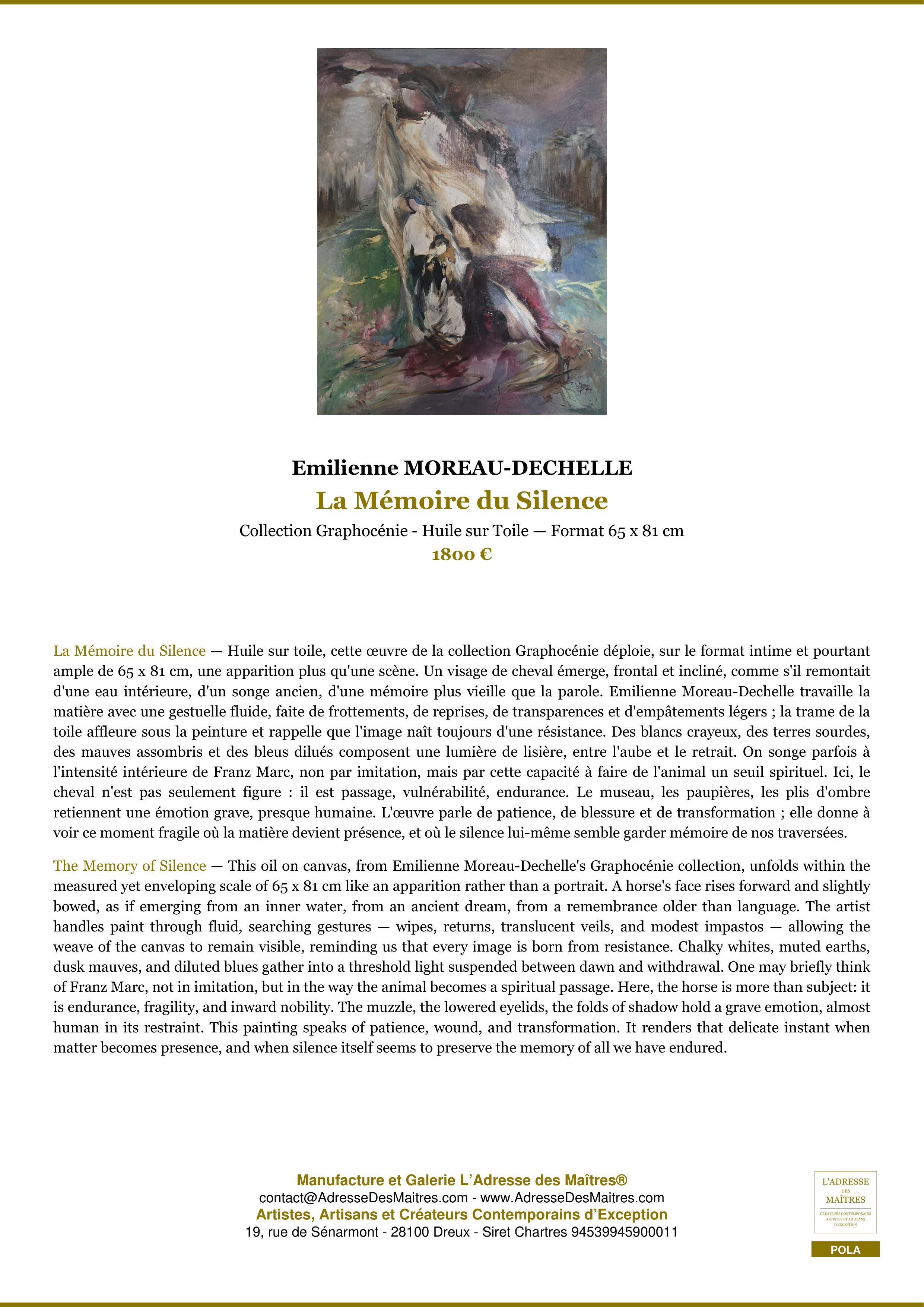 Fiche Premium — La Mémoire du Silence — Emilienne MOREAU-DECHELLE — L'Adresse des Maîtres®