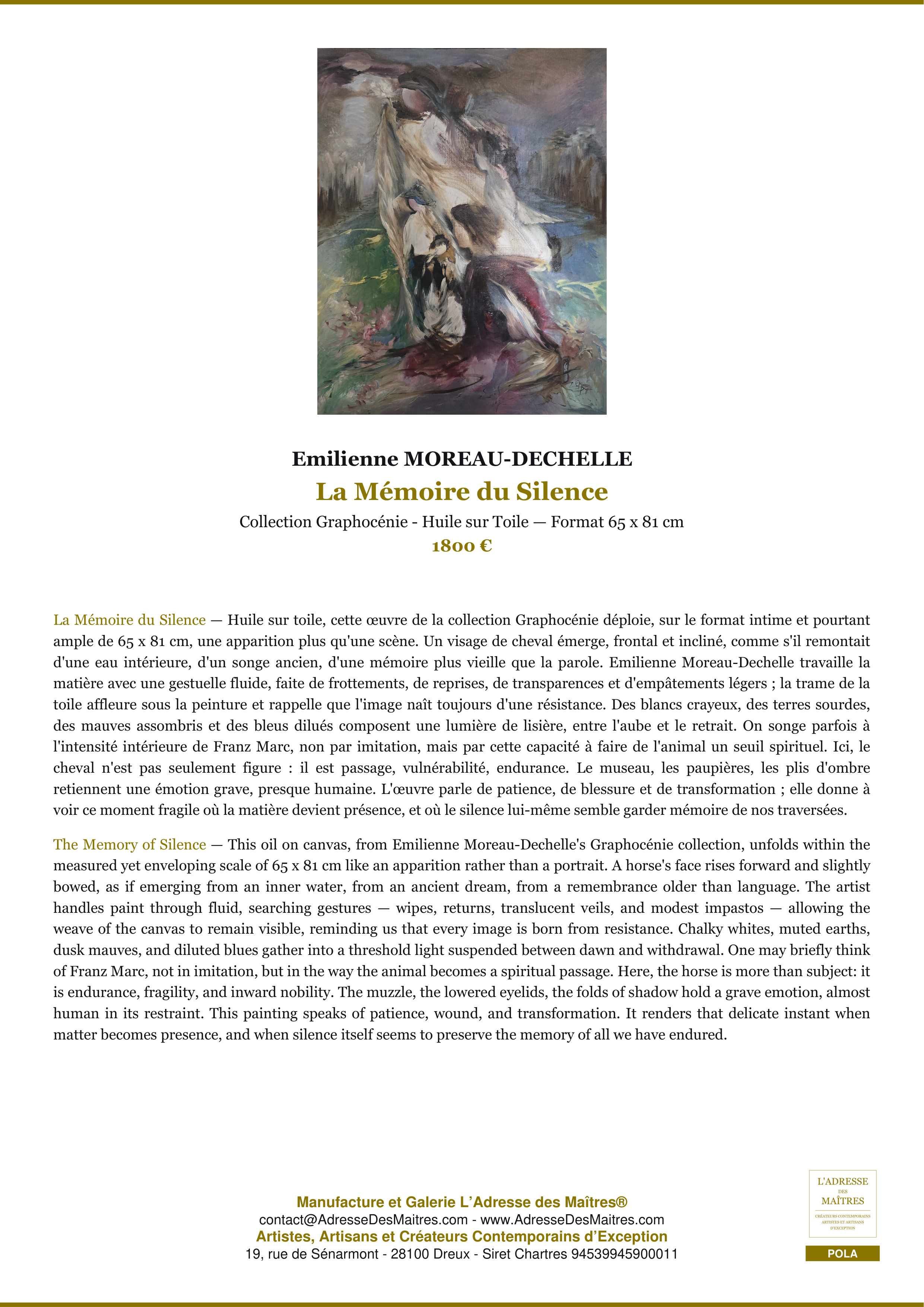 Fiche Premium — La Mémoire du Silence — Emilienne MOREAU-DECHELLE — L'Adresse des Maîtres®
