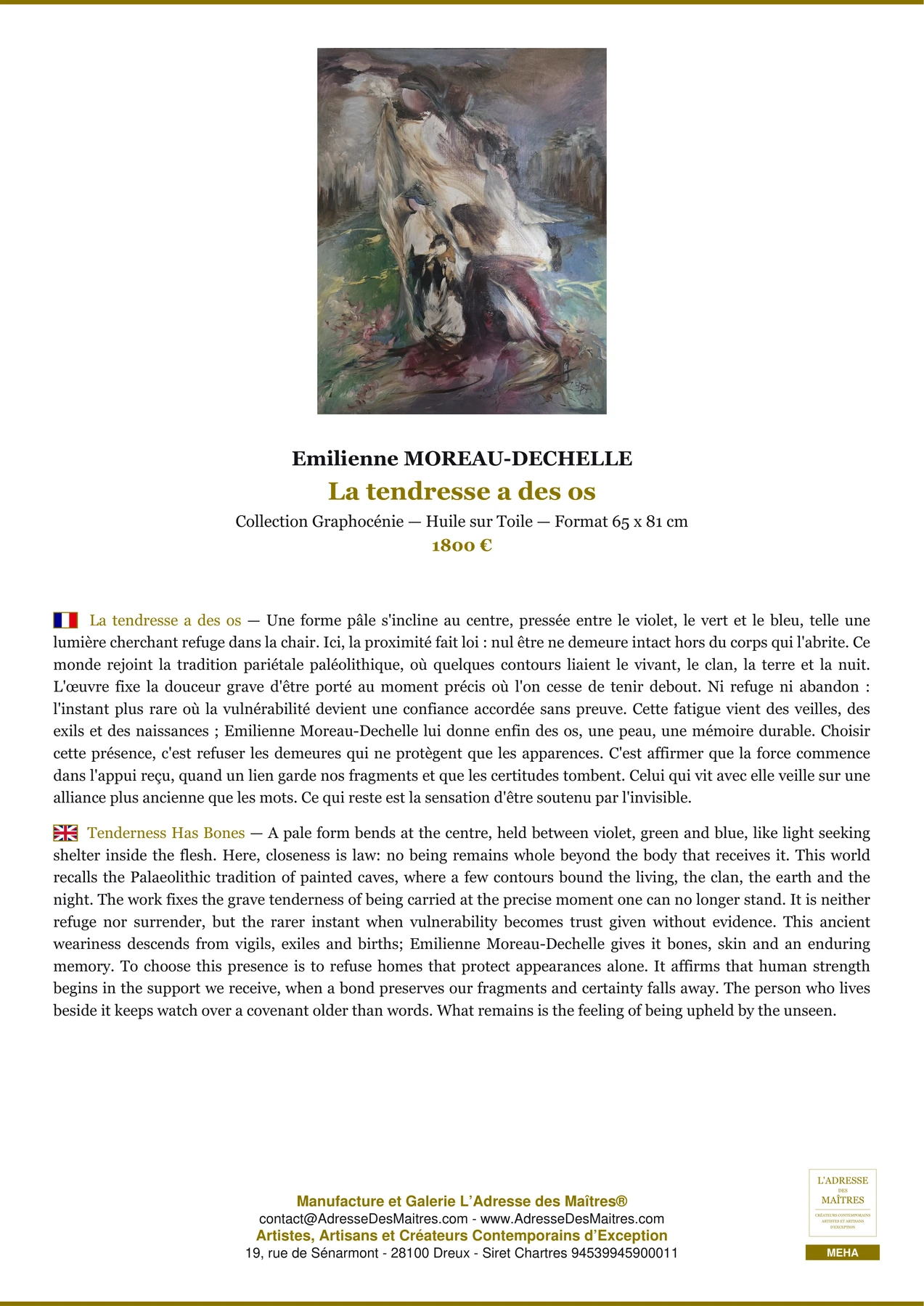 Fiche Premium - La tendresse a des os - Emilienne MOREAU-DECHELLE - L'Adresse des Maîtres®