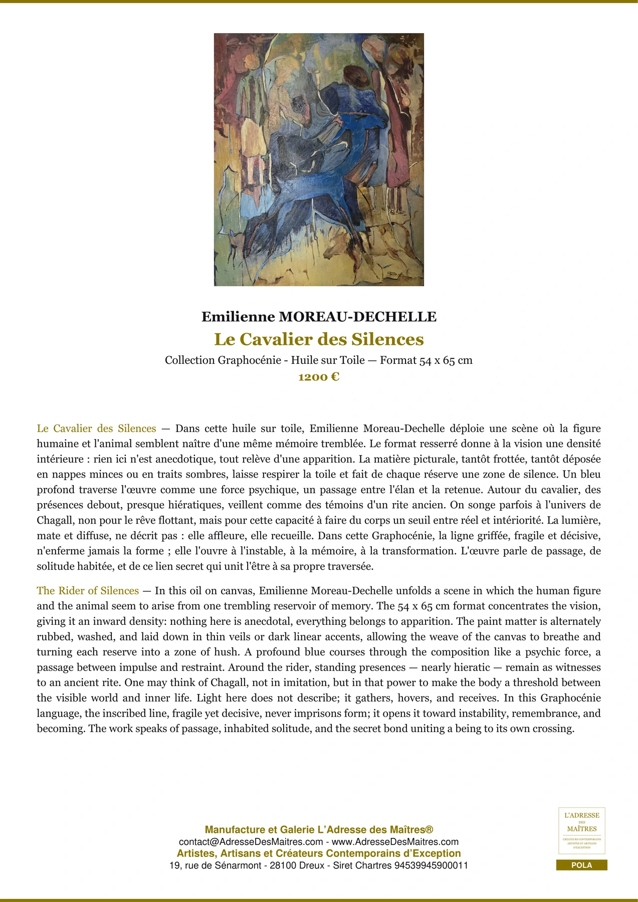 Fiche Premium - Le Cavalier des Silences - Emilienne MOREAU-DECHELLE - L'Adresse des Maîtres®