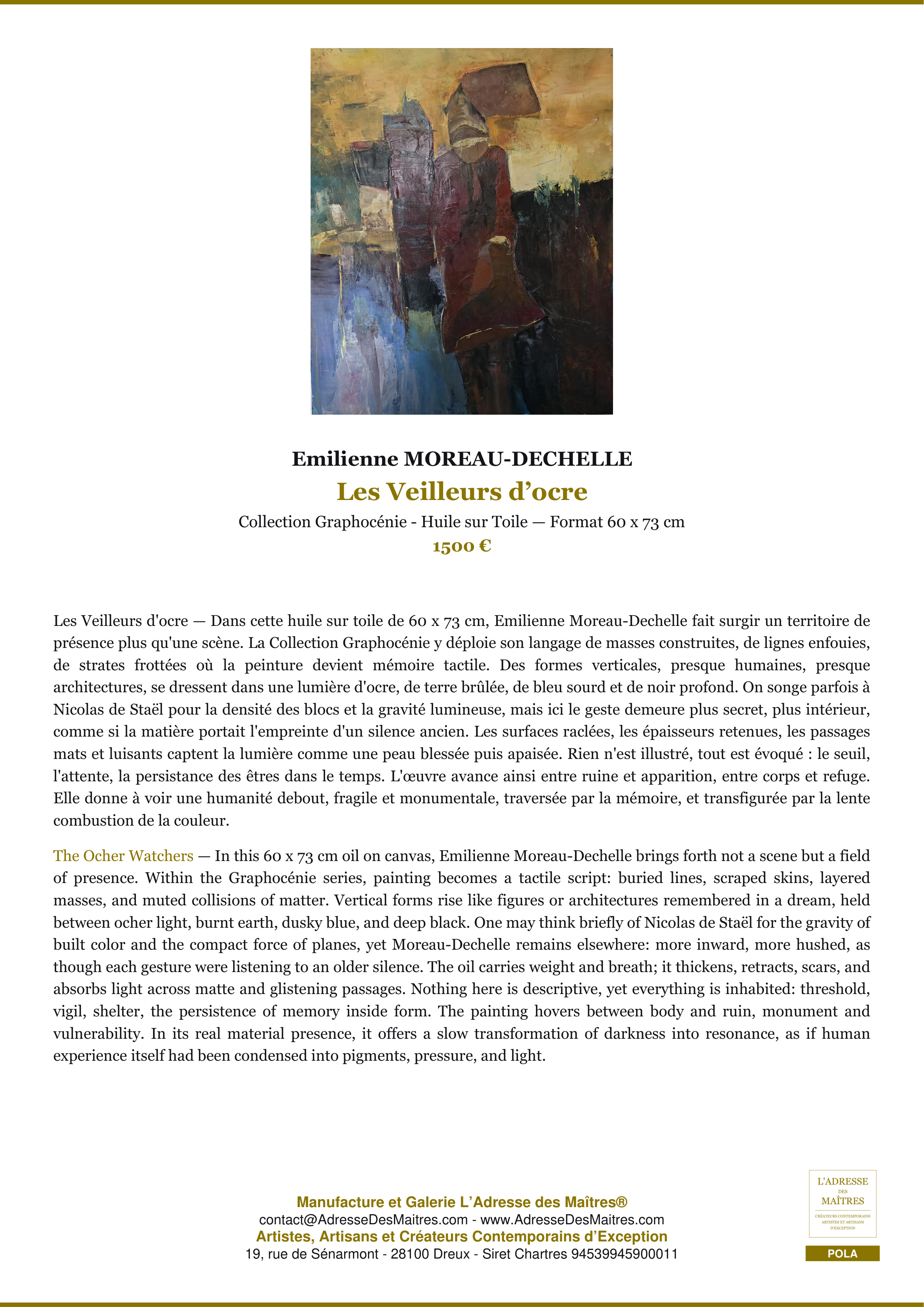 Fiche Premium — Les Veilleurs d’ocre — Emilienne MOREAU-DECHELLE — L'Adresse des Maîtres®